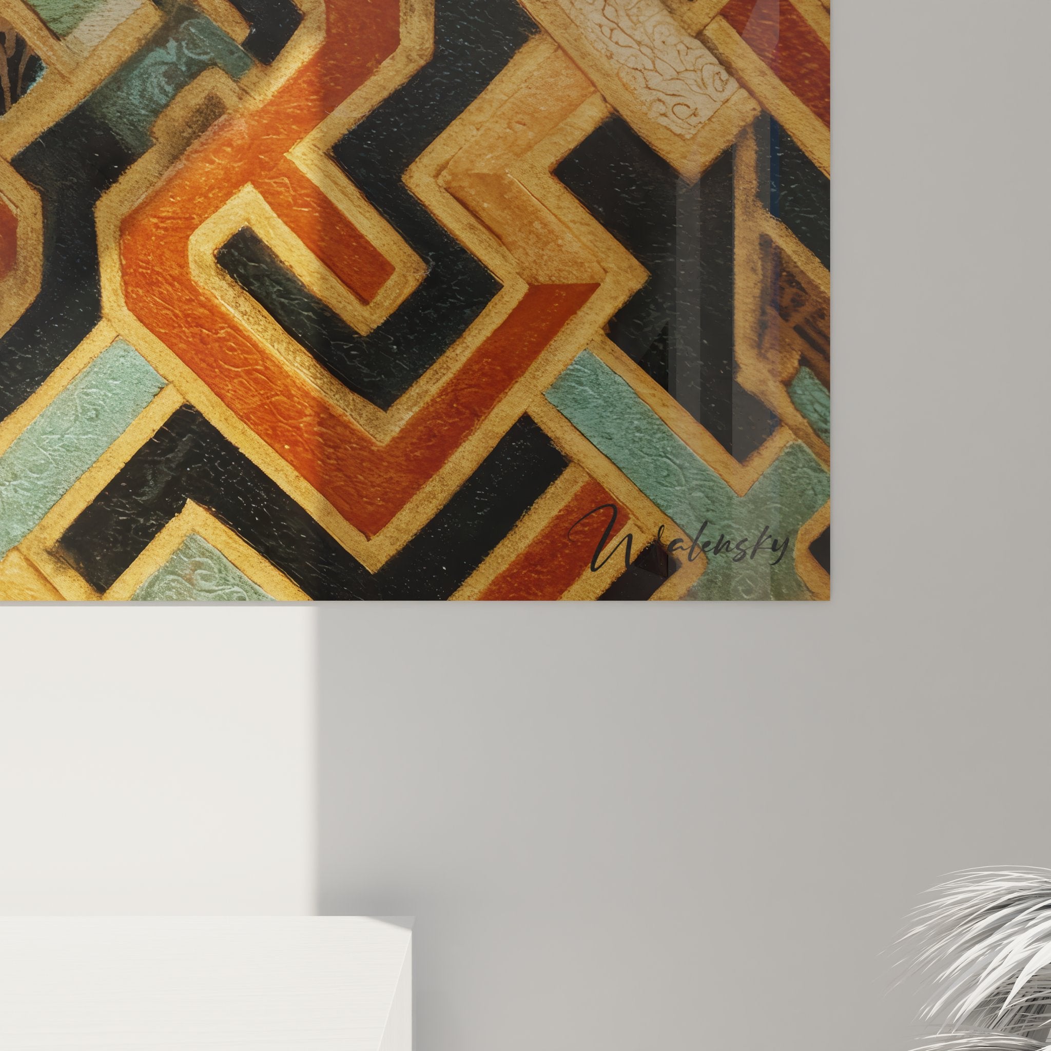 Vue ensemble tableau mural africain géométrique décoration ethnique contemporaine