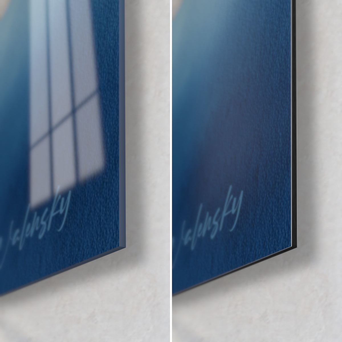 Wall art bamboo cascade in blue watercolour, bottom right corner: glossy acrylic glass on the left, matte Dibond aluminium on the right, 3 mm black edge