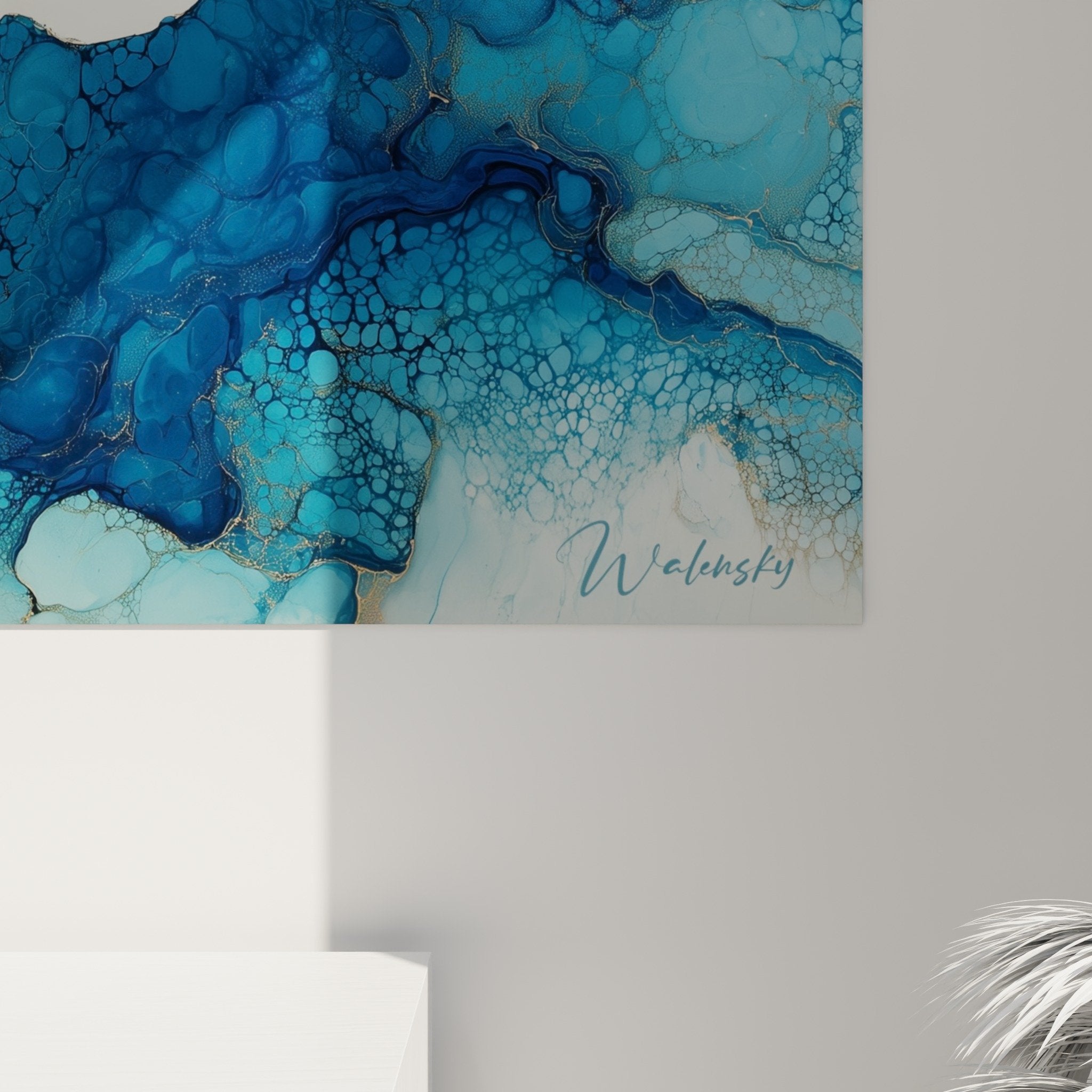 Vue ensemble tableau mural barque bleue decoration salon moderne feng shui nord eau serenite