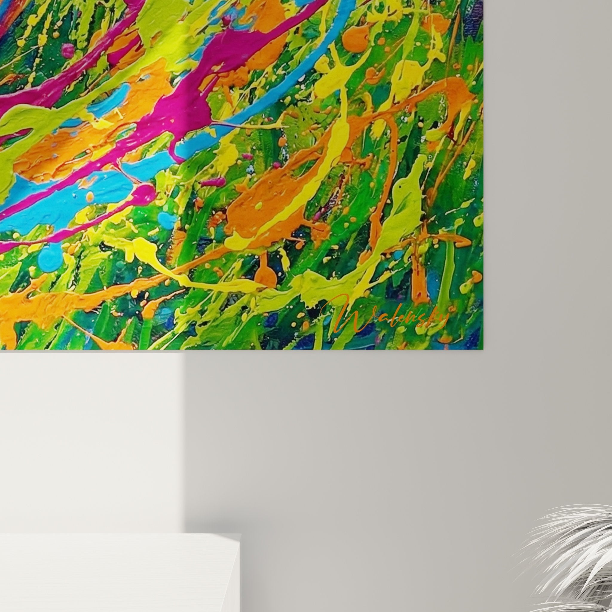 Gesamtansicht Wandbild Basenji moderne Kunst Farbenexplosion Inneneinrichtung zeitgenössischer Stil
