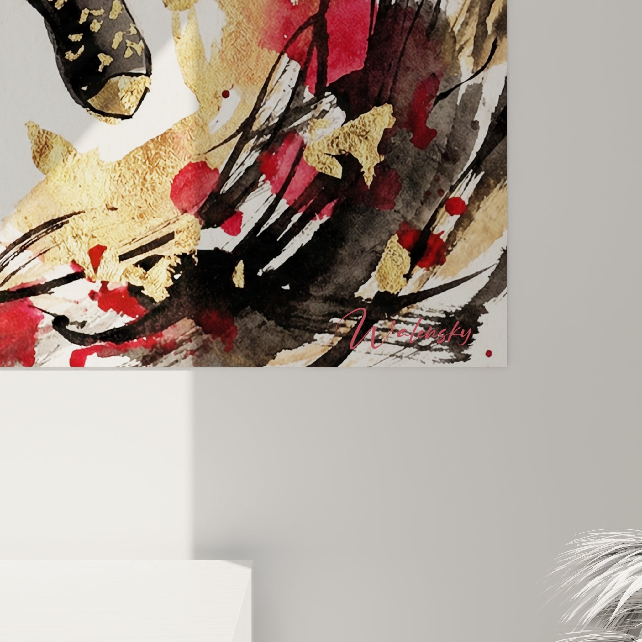 Vue ensemble tableau mural Basenji style contemporain eclats colores decoration interieure artistique