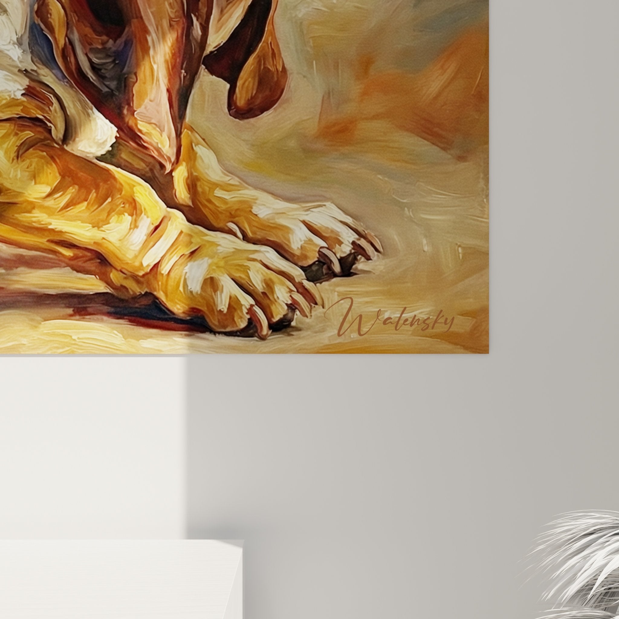 Vue d'ensemble tableau mural Basset Hound artistique tons chauds décoration intérieure