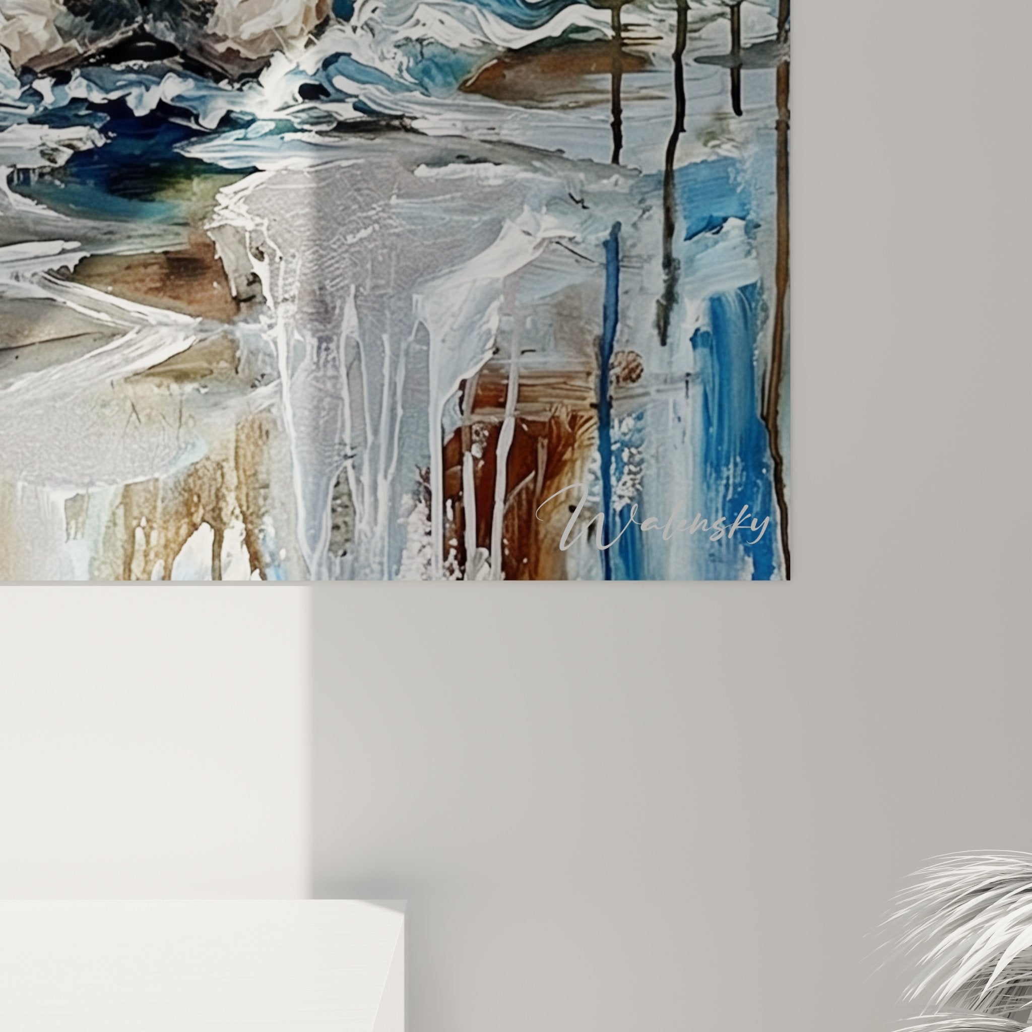 Vue ensemble tableau mural basset hound nageur decoration interieur moderne bleu