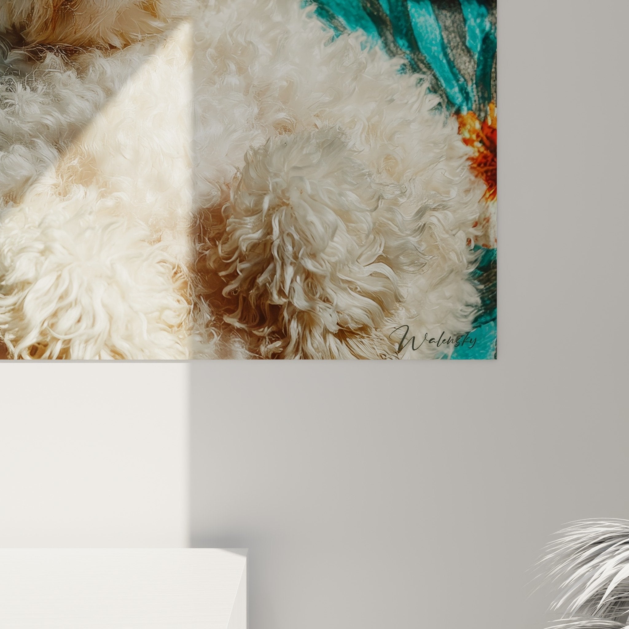 Overall view of Bichon Havanese wall art tropical style - turquoise decorative canine art