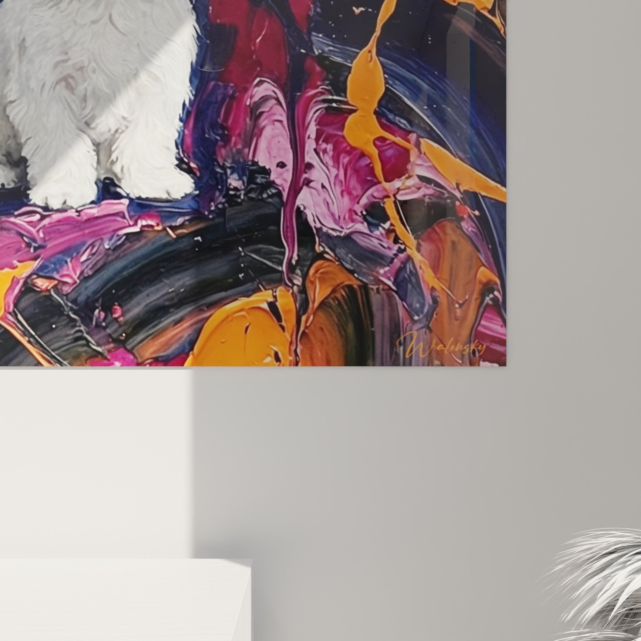 Gesamtansicht Wandgemälde Malteser Bichon zeitgenössische Kunst mehrfarbiger Hintergrund