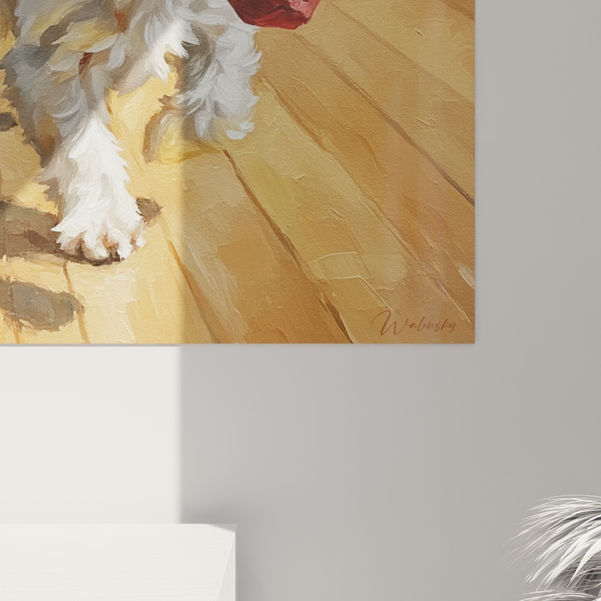 Overview of the Maltese Bichon wall art in a warm contemporary interior setting