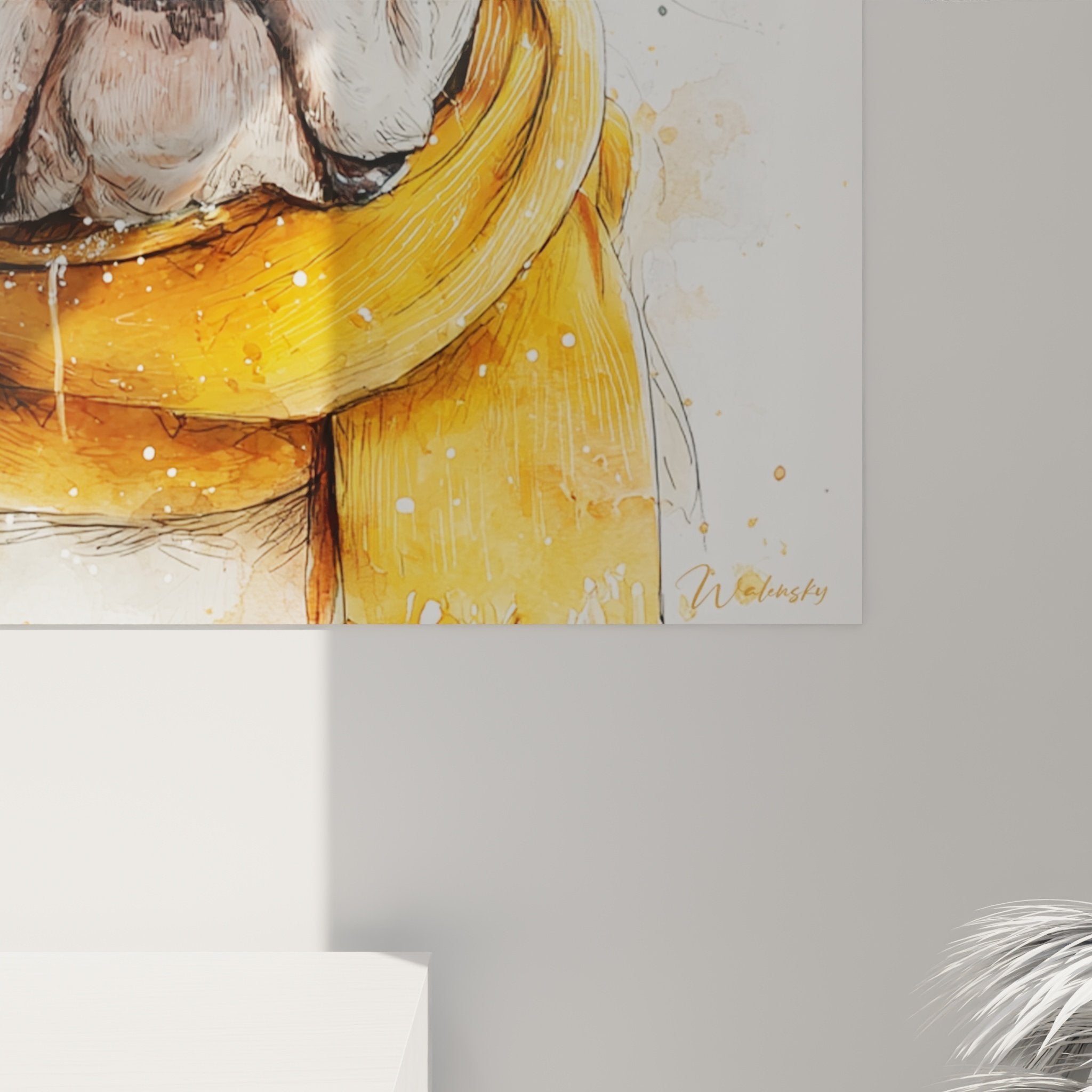 Gesamtansicht Wandbild Englische Bulldogge Aquarell Winterzubehör Innenraumdekoration