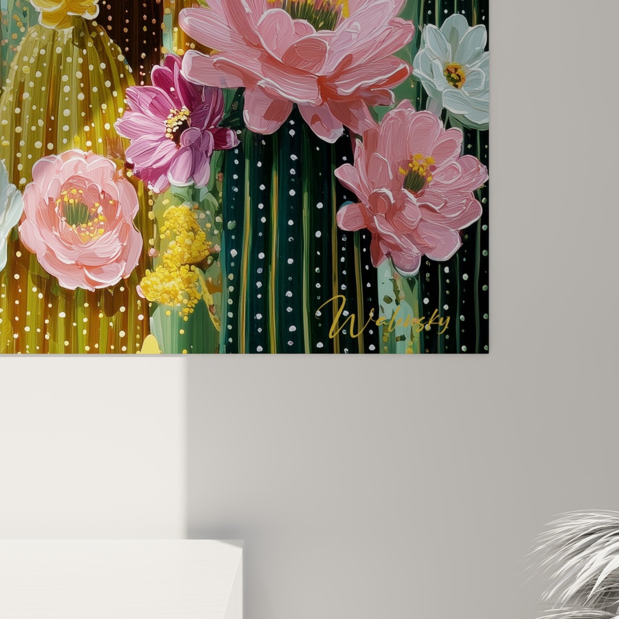 Vue ensemble tableau mural cactus cubisme composition florale geometrique multicolore moderne
