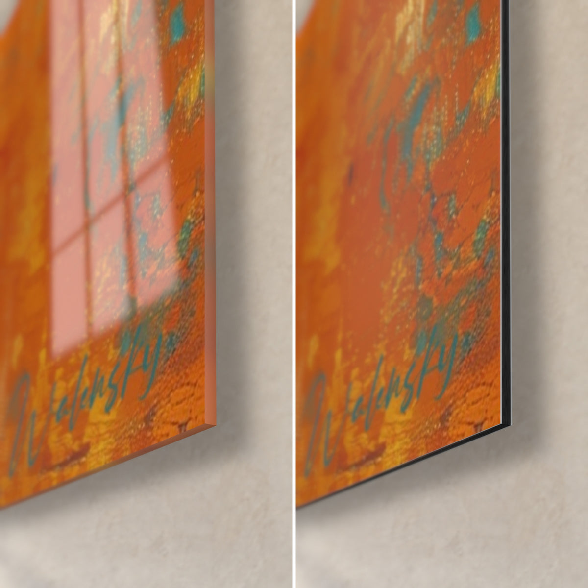 Wall art flowering turquoise and orange cactus, bottom right corner: glossy acrylic glass reflecting the window, matte Dibond beside it