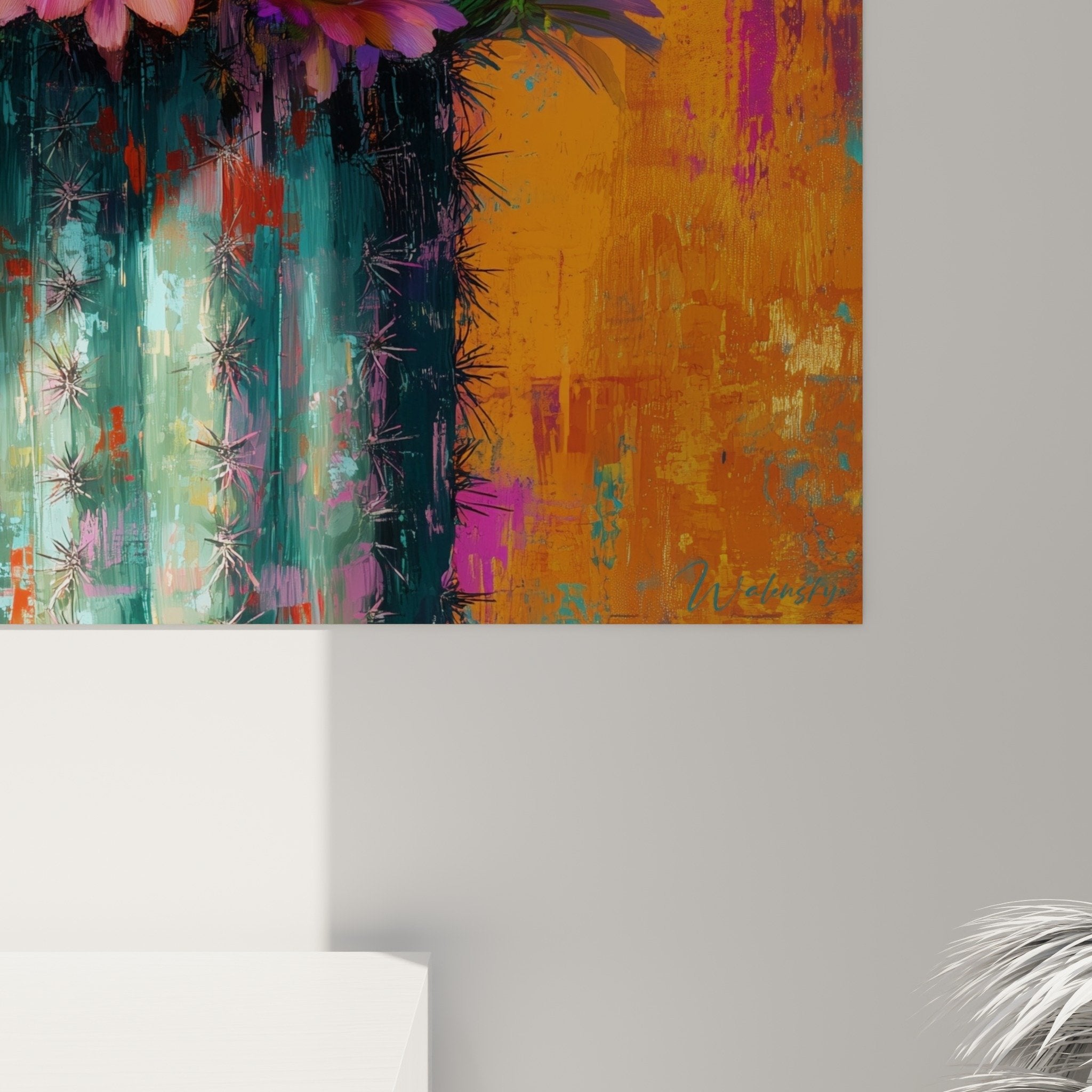 Overview geometric cactus wall art with purple flowers on colorful abstract background