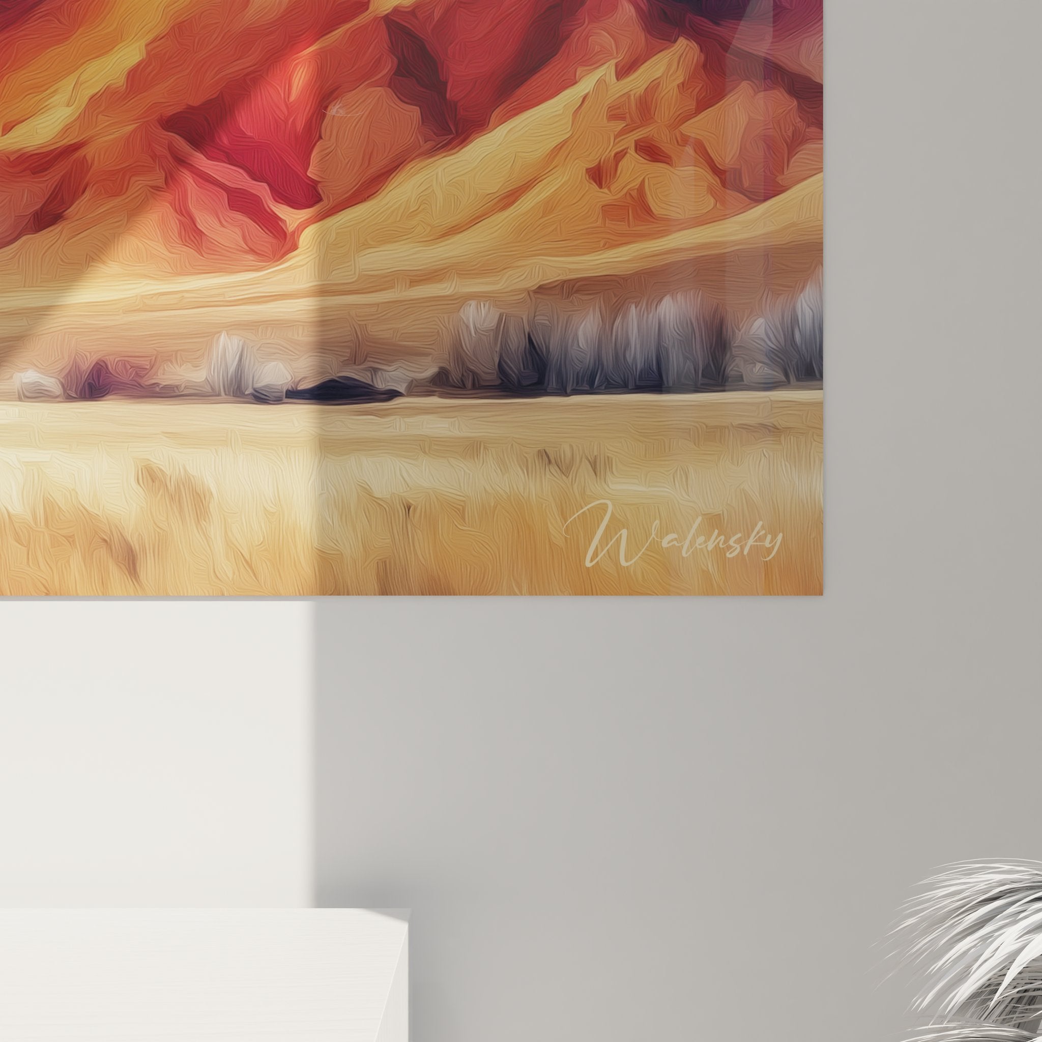 Vue ensemble tableau mural cheval paysage désert montagnes colorées décoration artistique