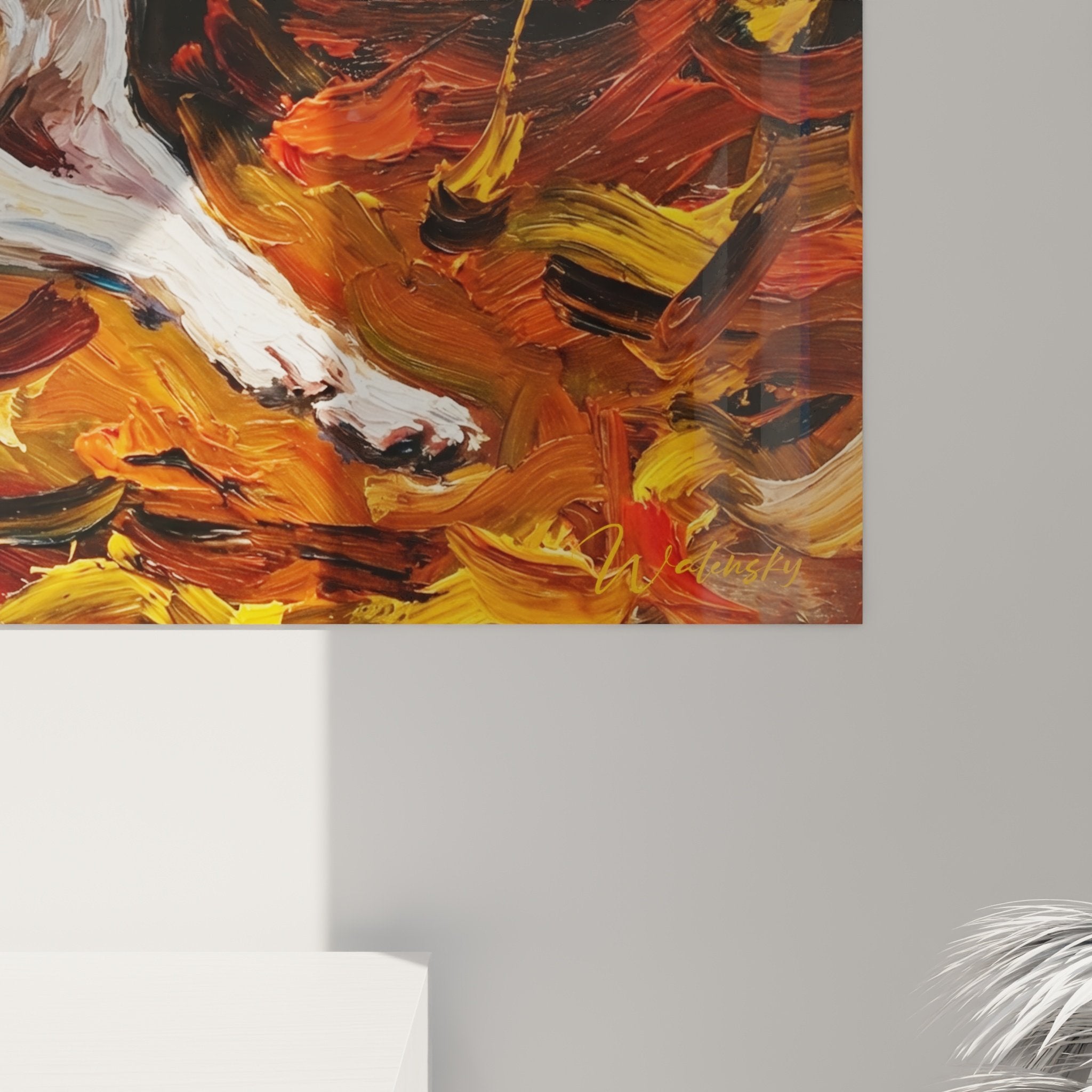 Vista d'insieme quadro murale Staffordshire Bull Terrier che salta tra foglie autunnali decorazione interni