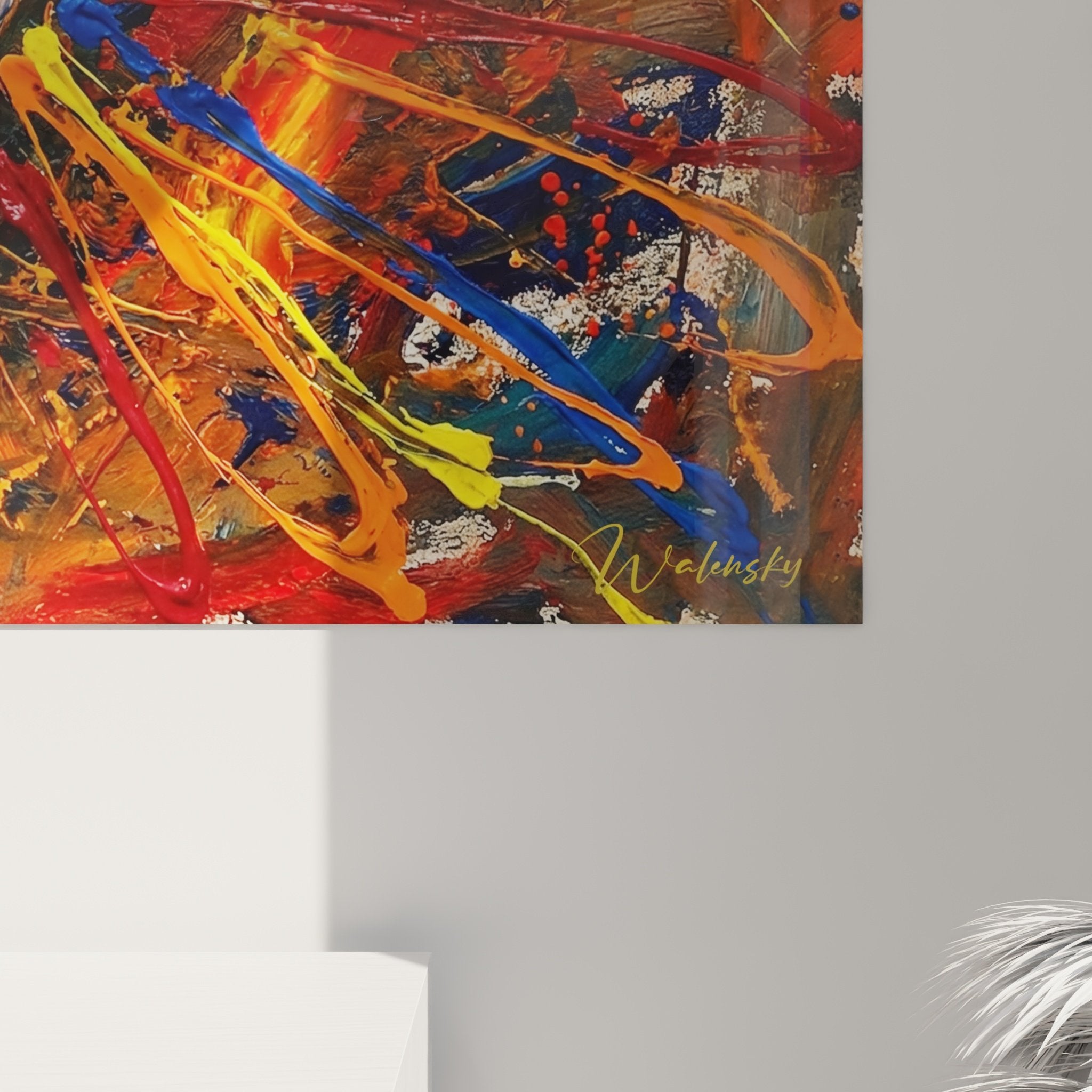 Vue ensemble tableau mural chien artistique fond coloré decoration interieur moderne