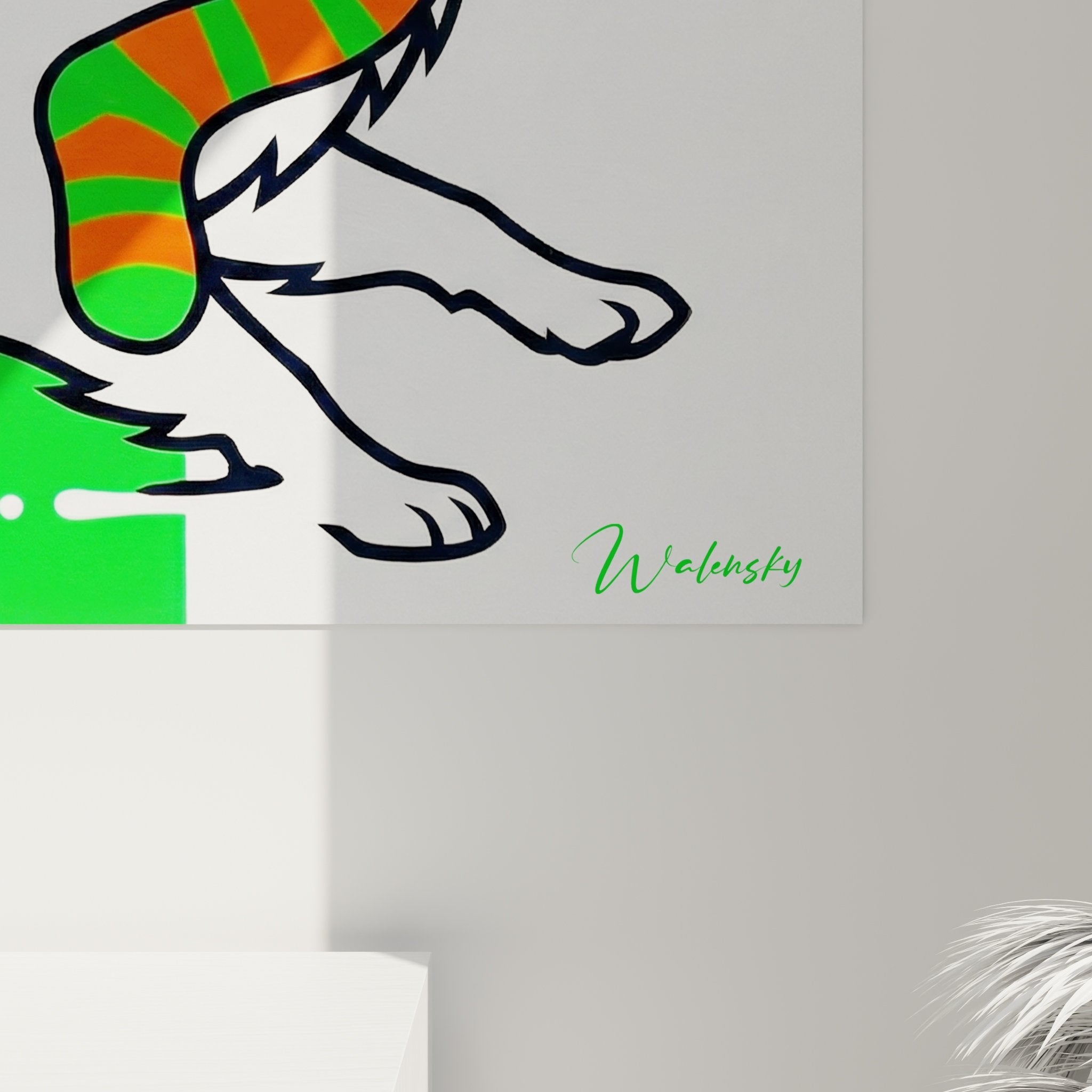 Vue d'ensemble tableau mural chien papillon dynamique couleurs orange vert décoration intérieure