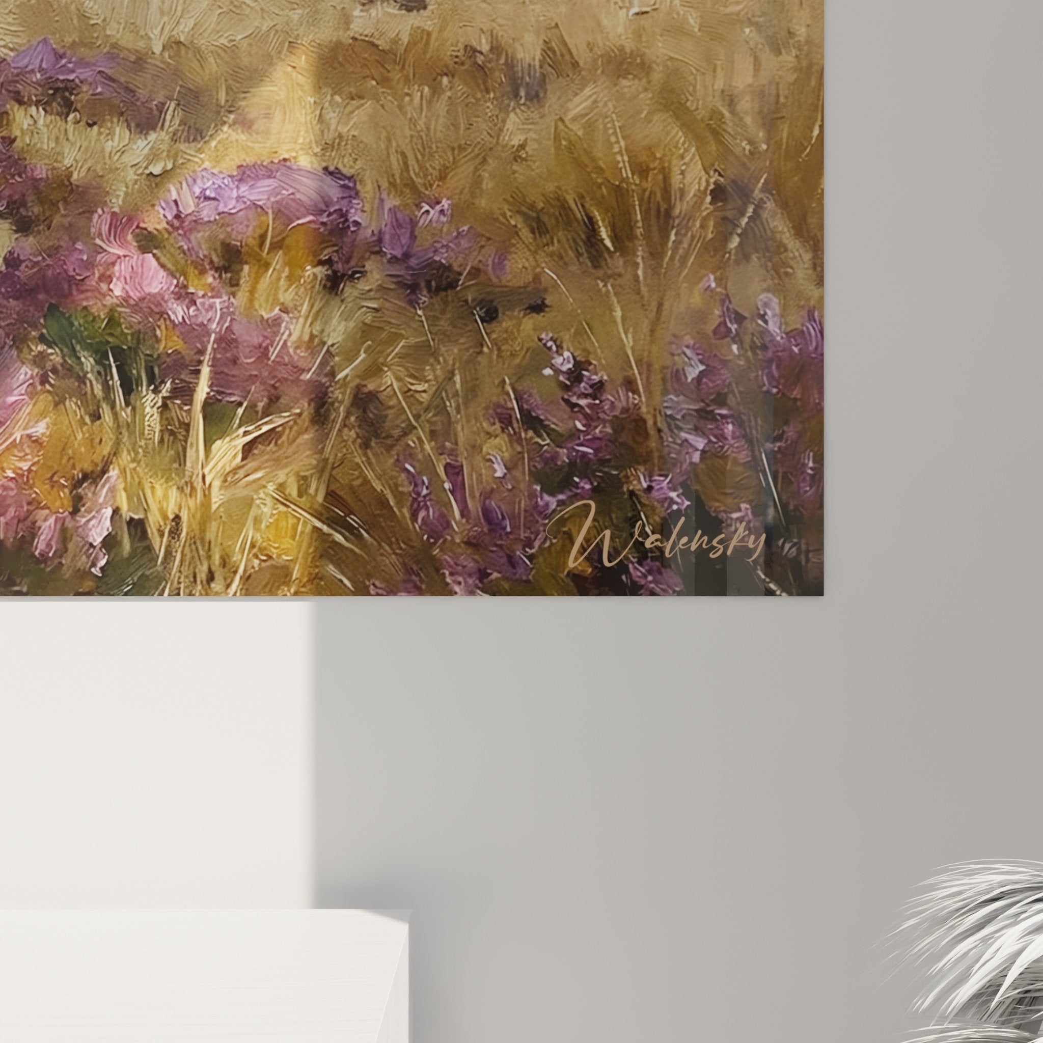 Vue ensemble tableau mural Jack Russel Terrier paysage champetre bruyeres violettes decoration interieur naturel