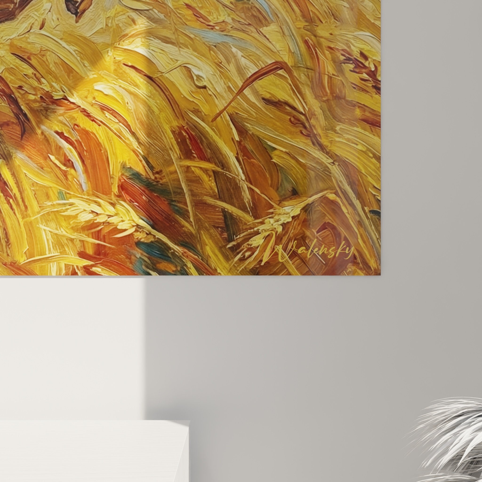 Vue ensemble tableau mural chien sautant décoration intérieure tons chauds ocre roux ambiance naturelle