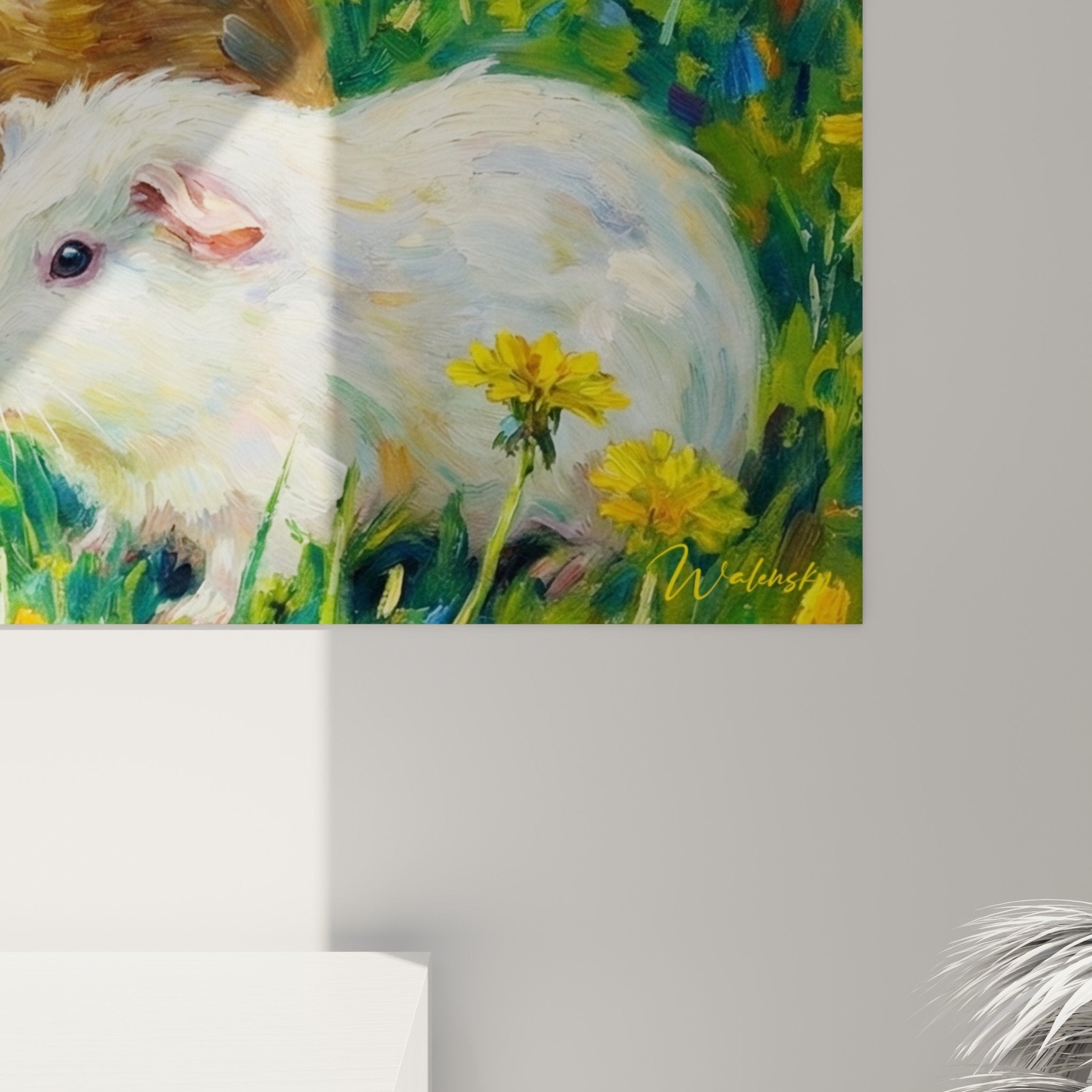 Gesamtansicht Wandgemälde Meerschweinchen blühendes Wiesenkunstwerk Naturstil warme beruhigende Farben