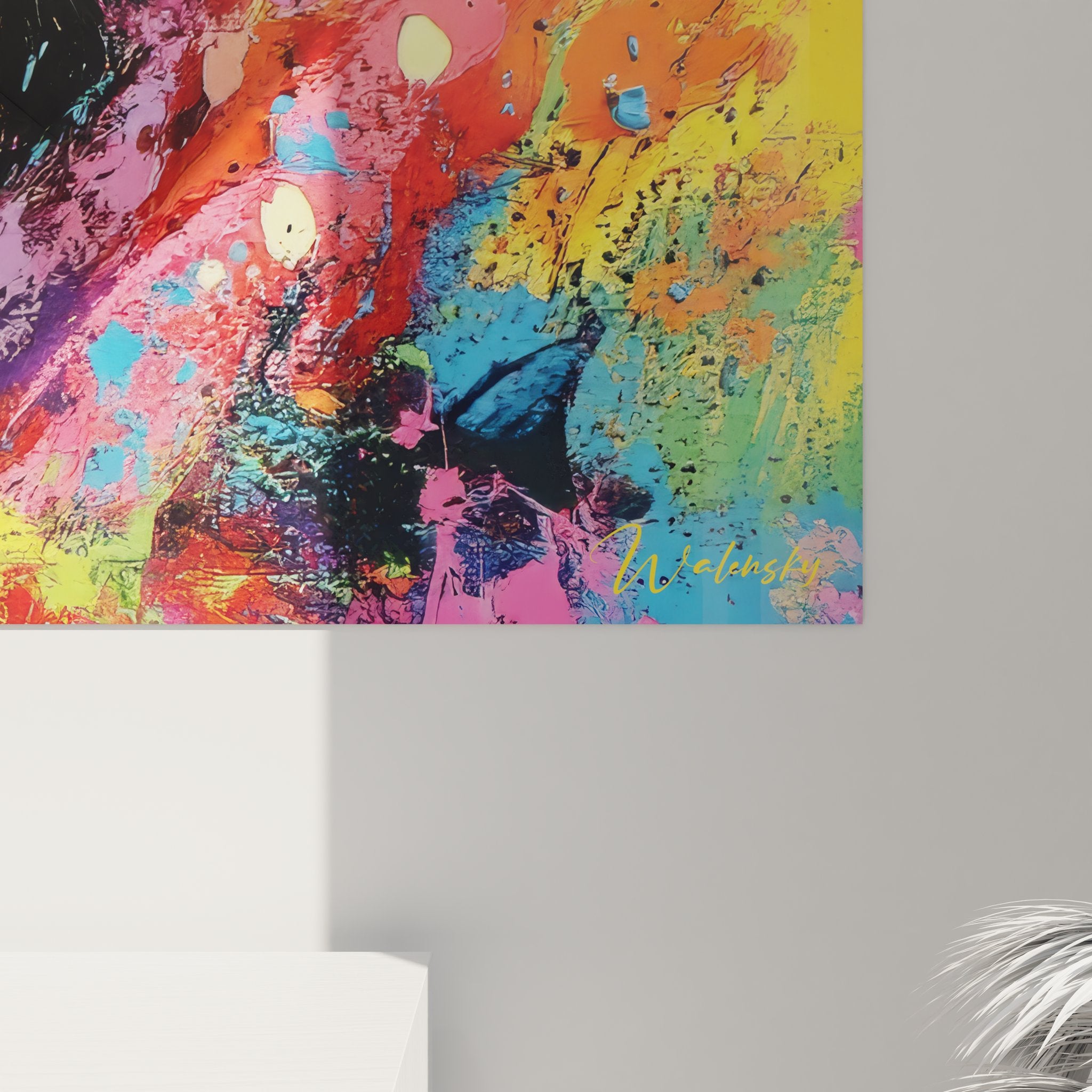 Vue ensemble tableau mural créature multicolore art abstrait contemporain décoration