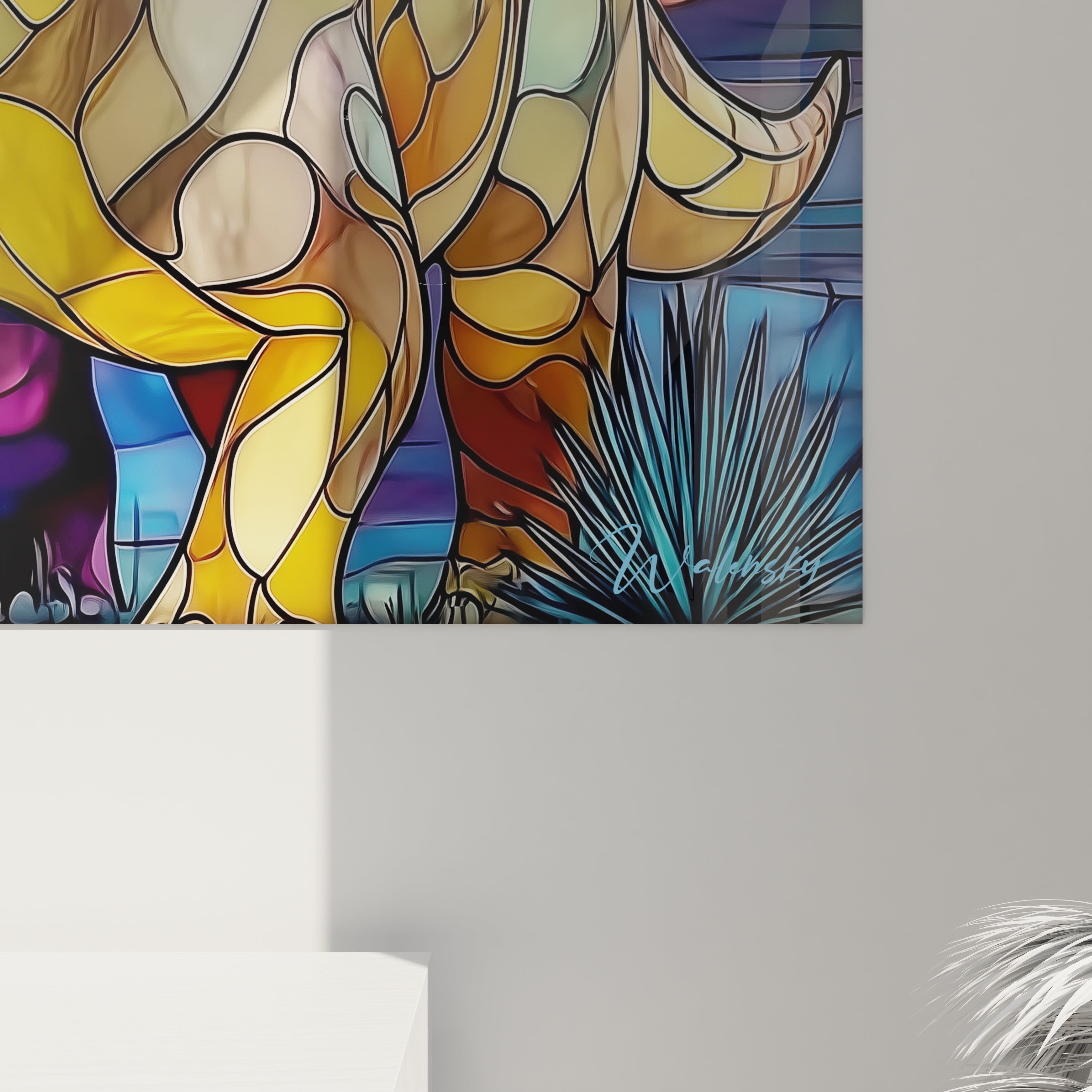 Vue ensemble tableau mural dinosaure triceratops style vitrail coloré décoration