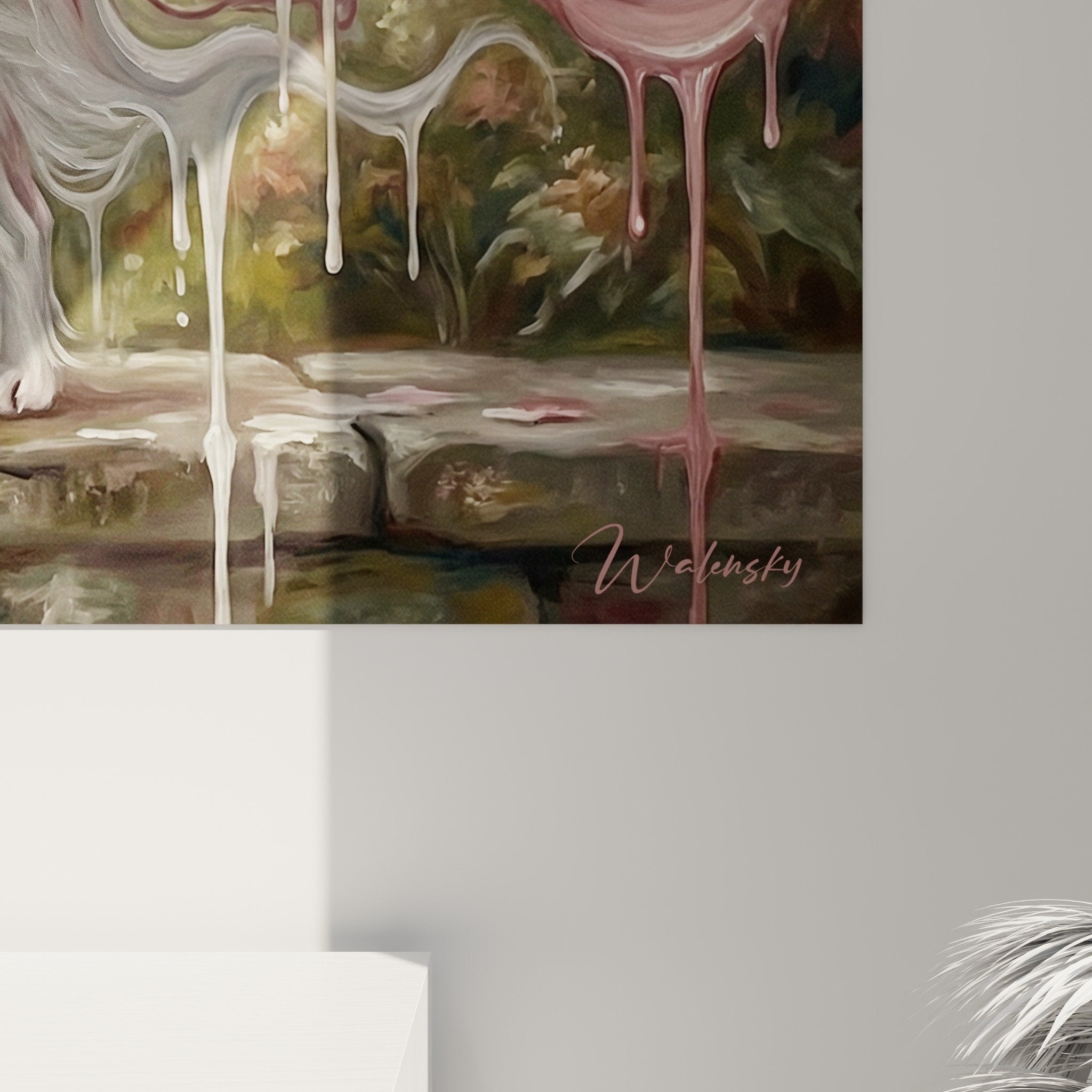 Vue ensemble tableau mural Epagneul Japonais decoration interieur style pastel rose blanc