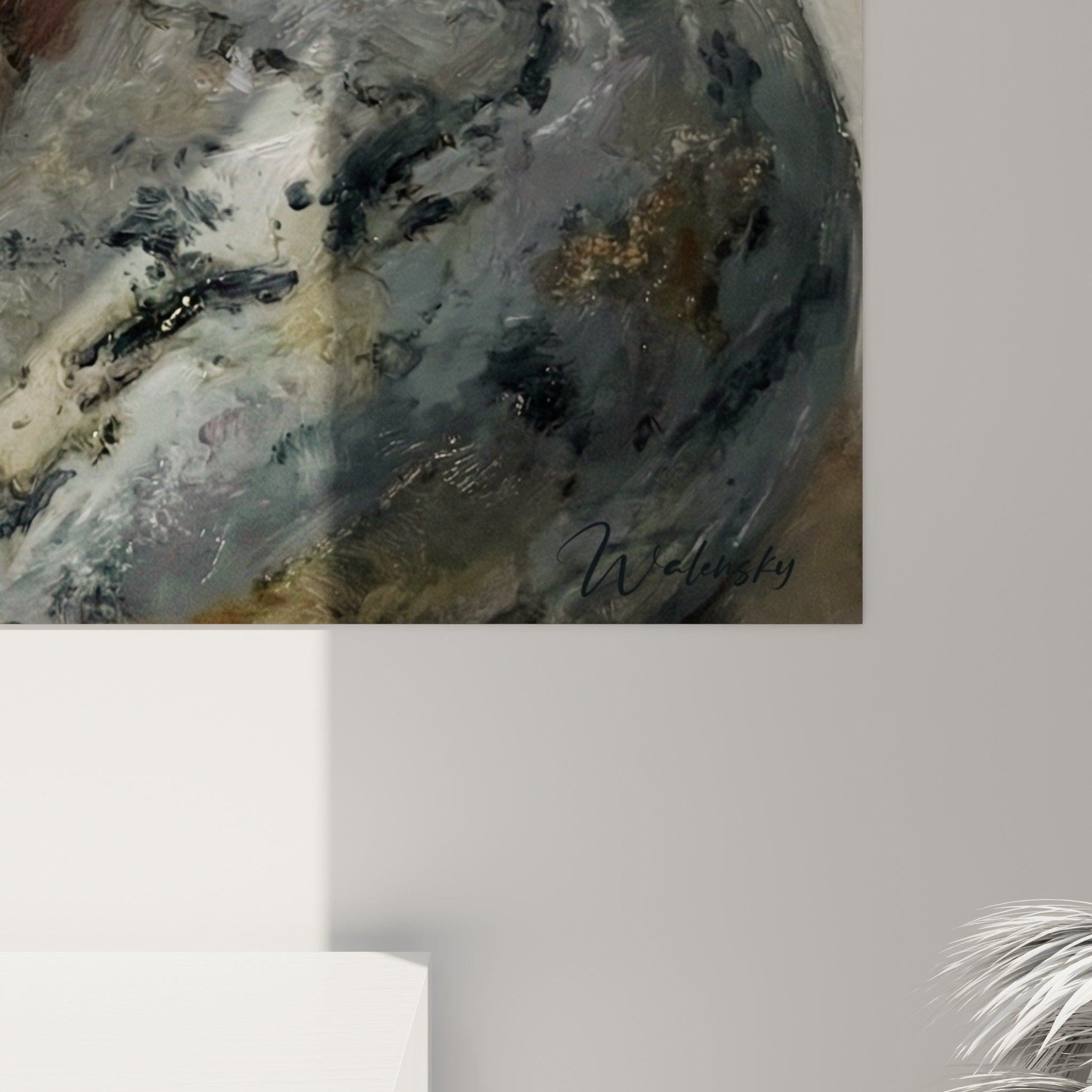 Vue ensemble tableau mural Japandi feuille roches, décoration naturelle zen minérale automne orange gris
