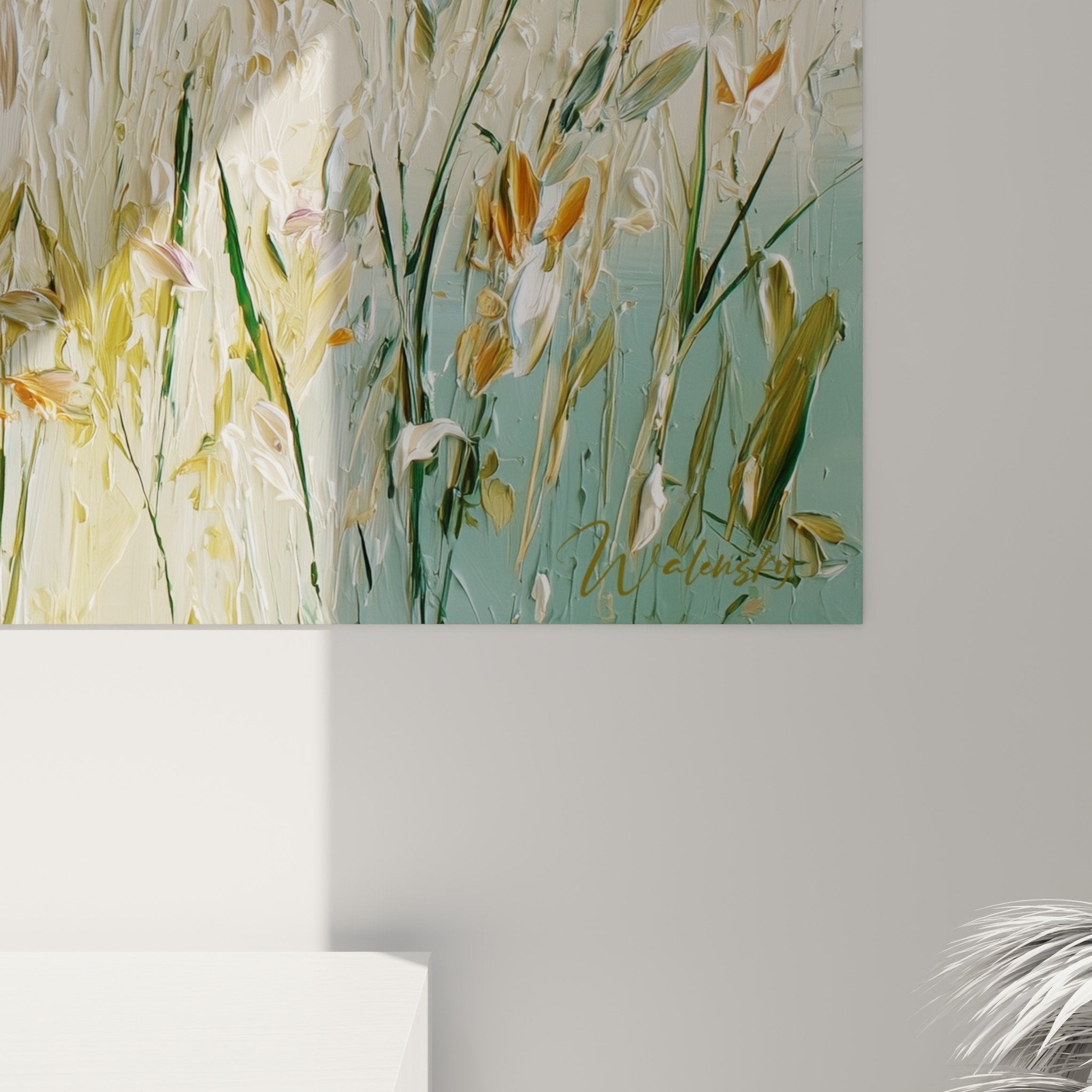Panoramic view of wall art grasses prairie golden tones pastel blue natural decoration