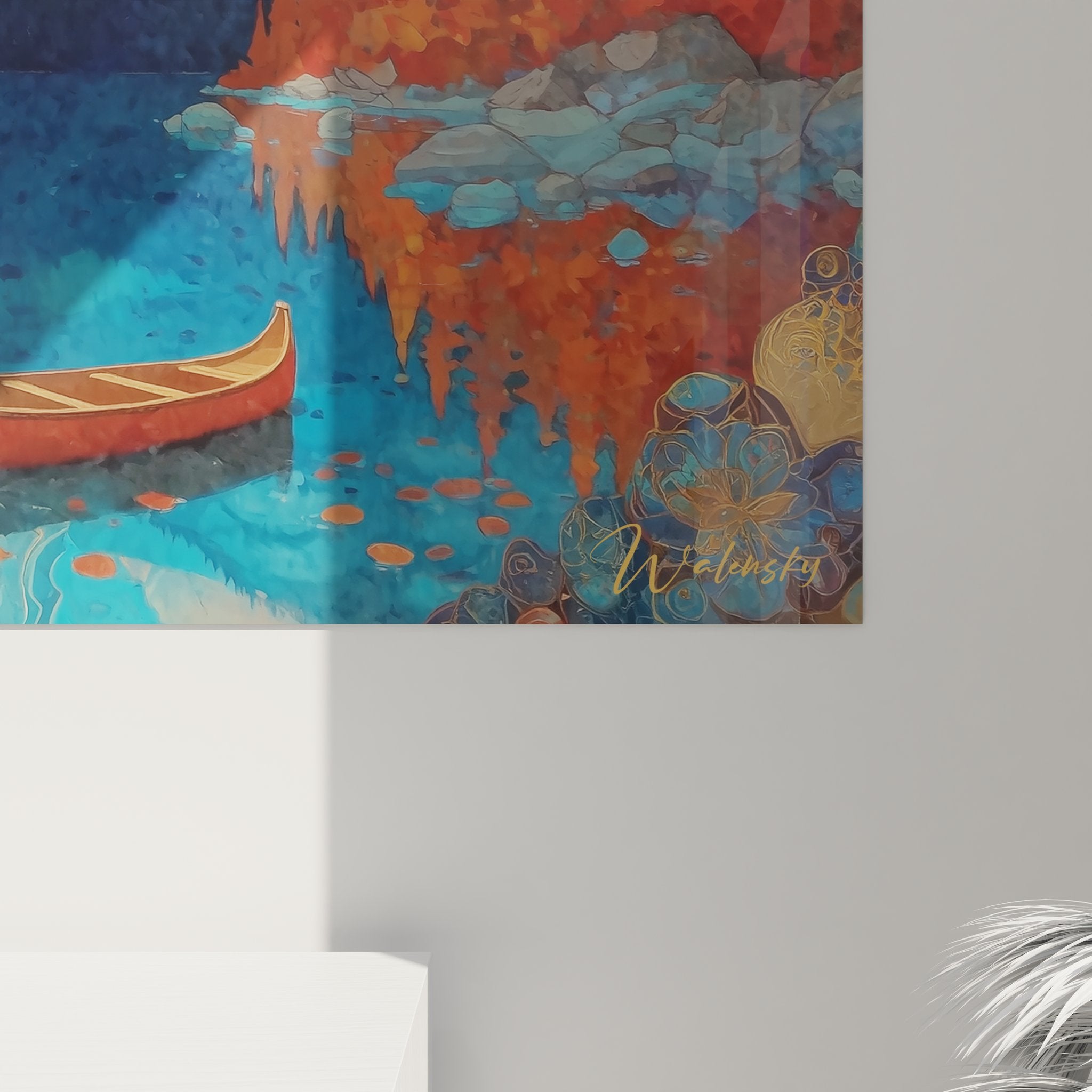 Vue ensemble tableau mural lac montagne automne canoë décoration intérieure nature art paysage zen