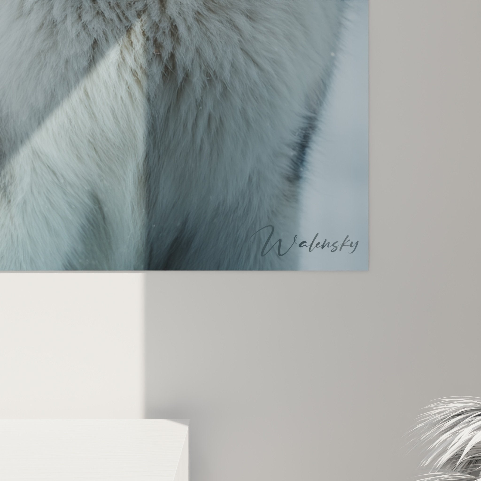 Vue d'ensemble tableau mural Malamute Alaska hiver, chien nordique neige, décoration intérieur tons bleus blancs