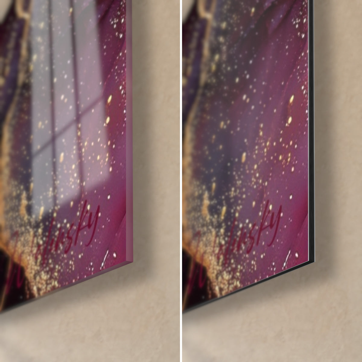 Schilderij abstract met alcoholinkt in bordeaux en goud, rechterhoek onder van glanzend glas en mat Dibond, 3 mm rand zichtbaar