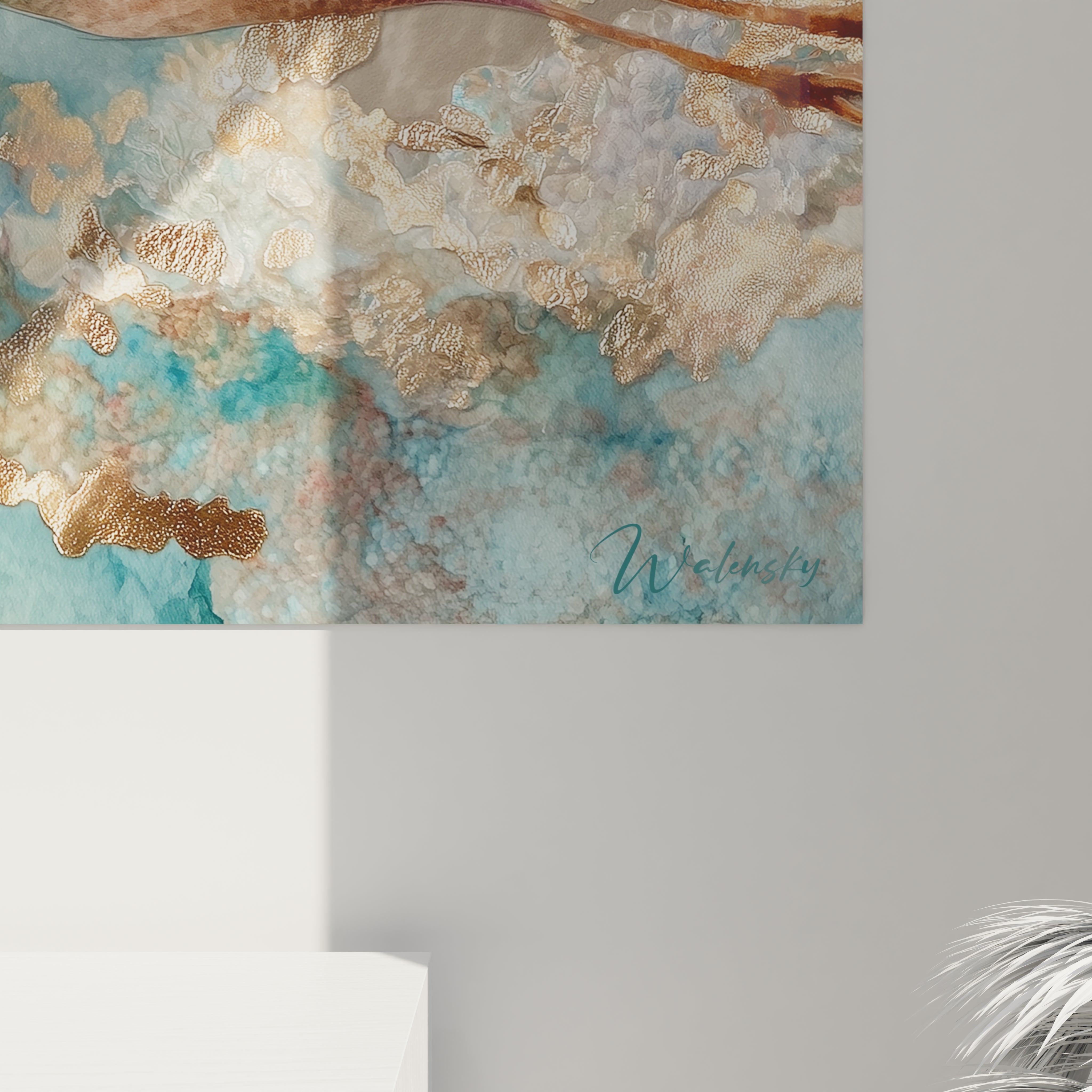 Vue ensemble tableau mural oiseau marin, art décoratif moderne bleu doré pour intérieur contemporain