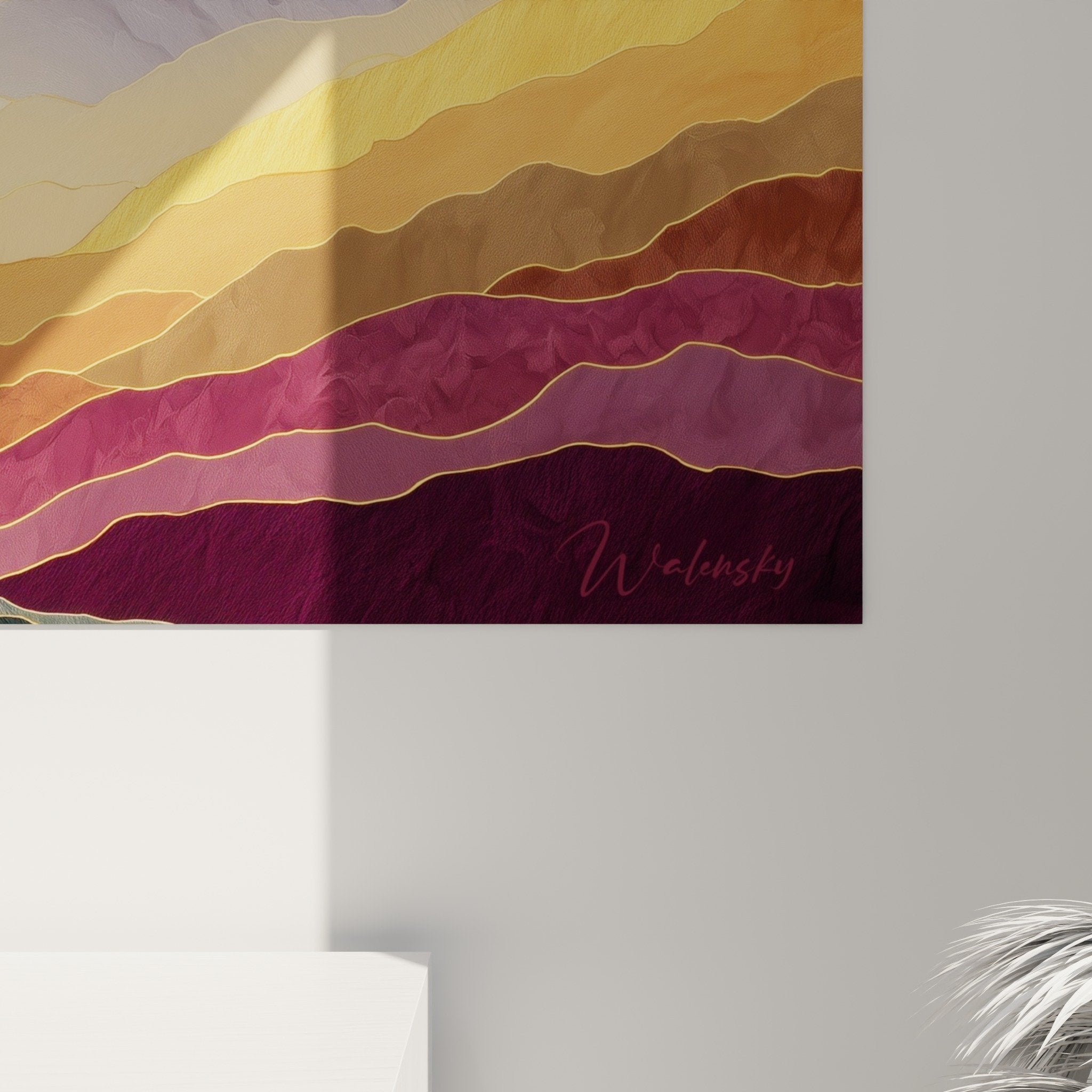 Overall view of wavy landscape wall art in purple and gold modern interior decoration feng shui