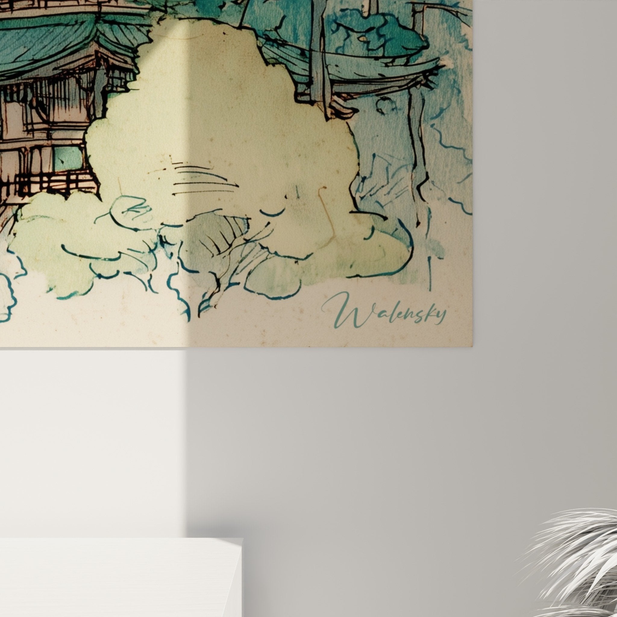 Vue ensemble tableau mural pagode asiatique décoration intérieur style oriental nuances douces