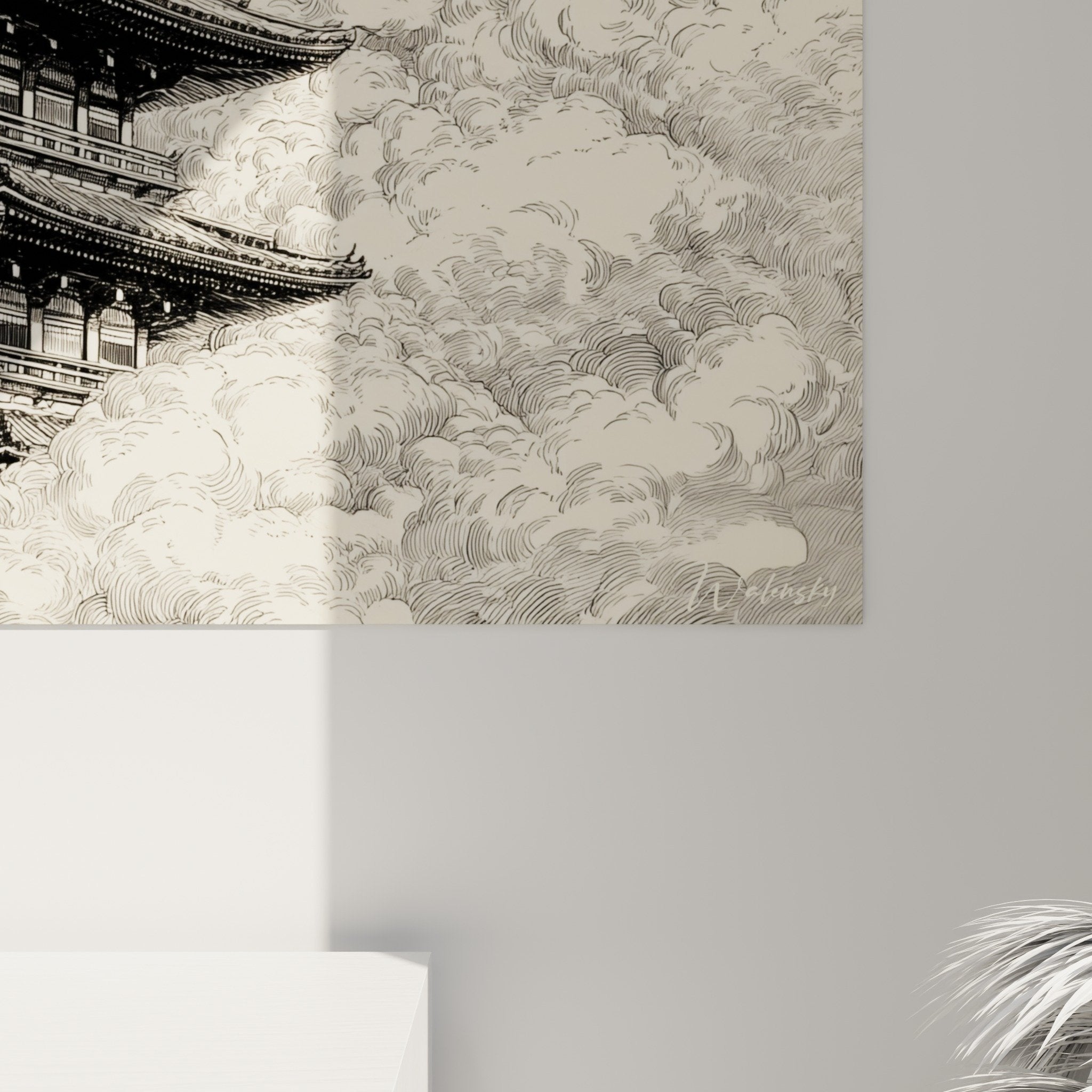 Full view pagoda wall art clouds Japanese engraving style elegant zen interior decoration