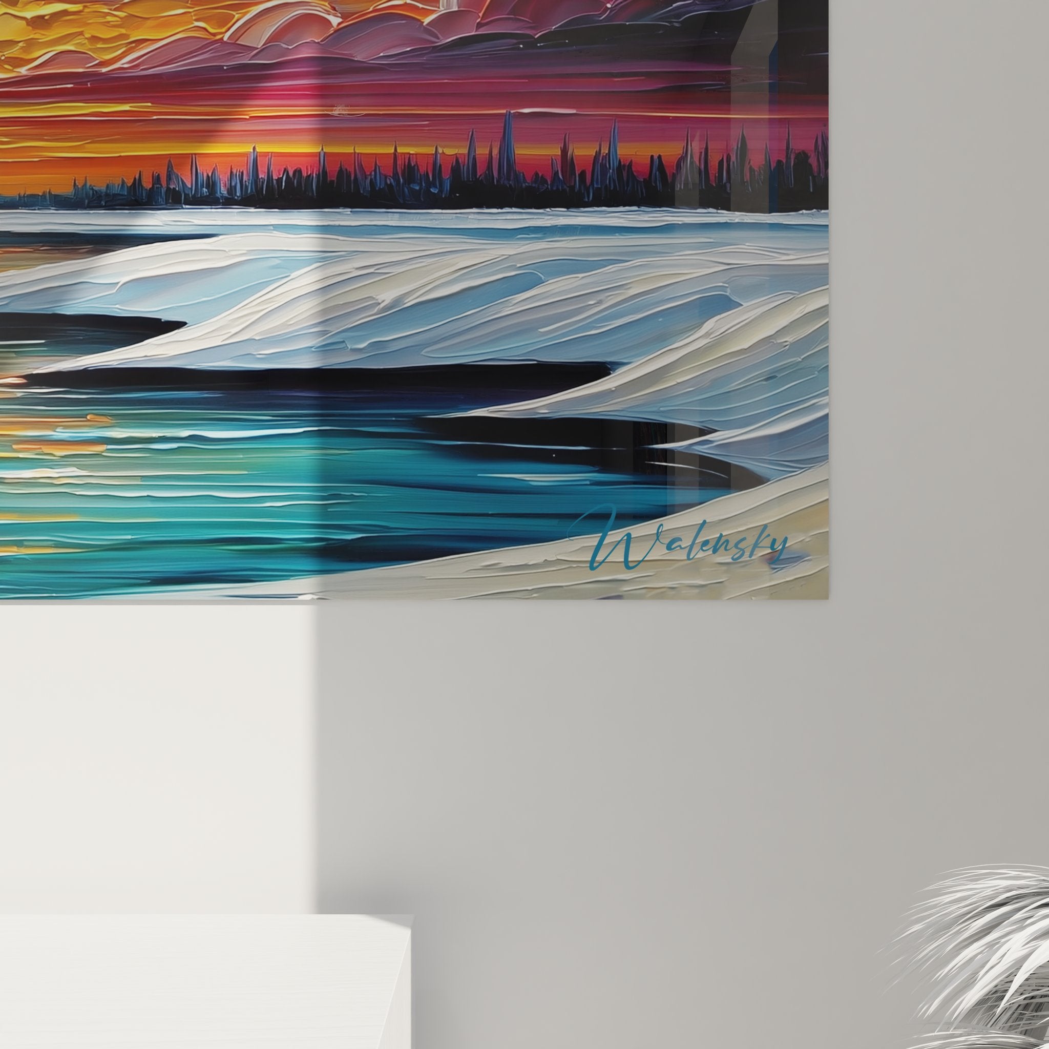 Vue ensemble tableau mural lac gelé coucher soleil décoration intérieure moderne