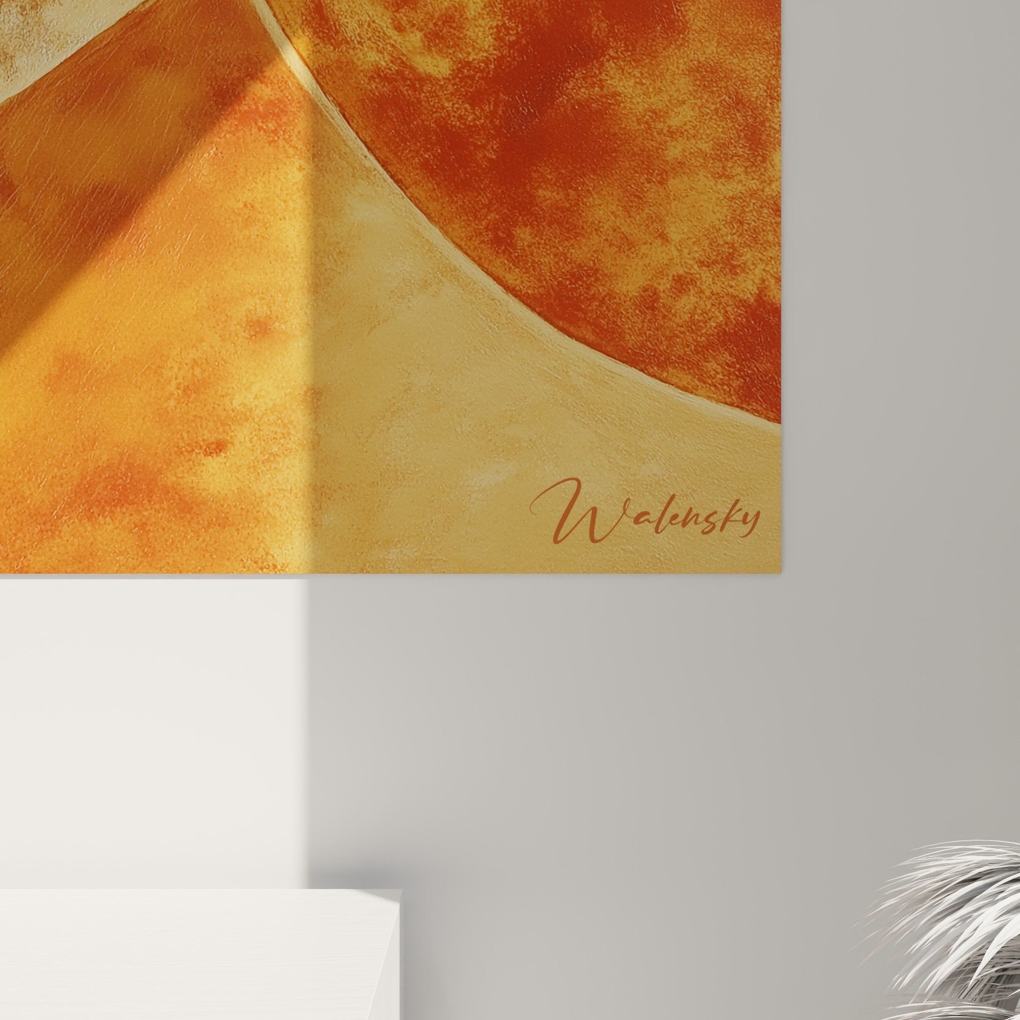 Vue ensemble tableau mural abstrait salon decoration tons terre naturels composition organique fluide