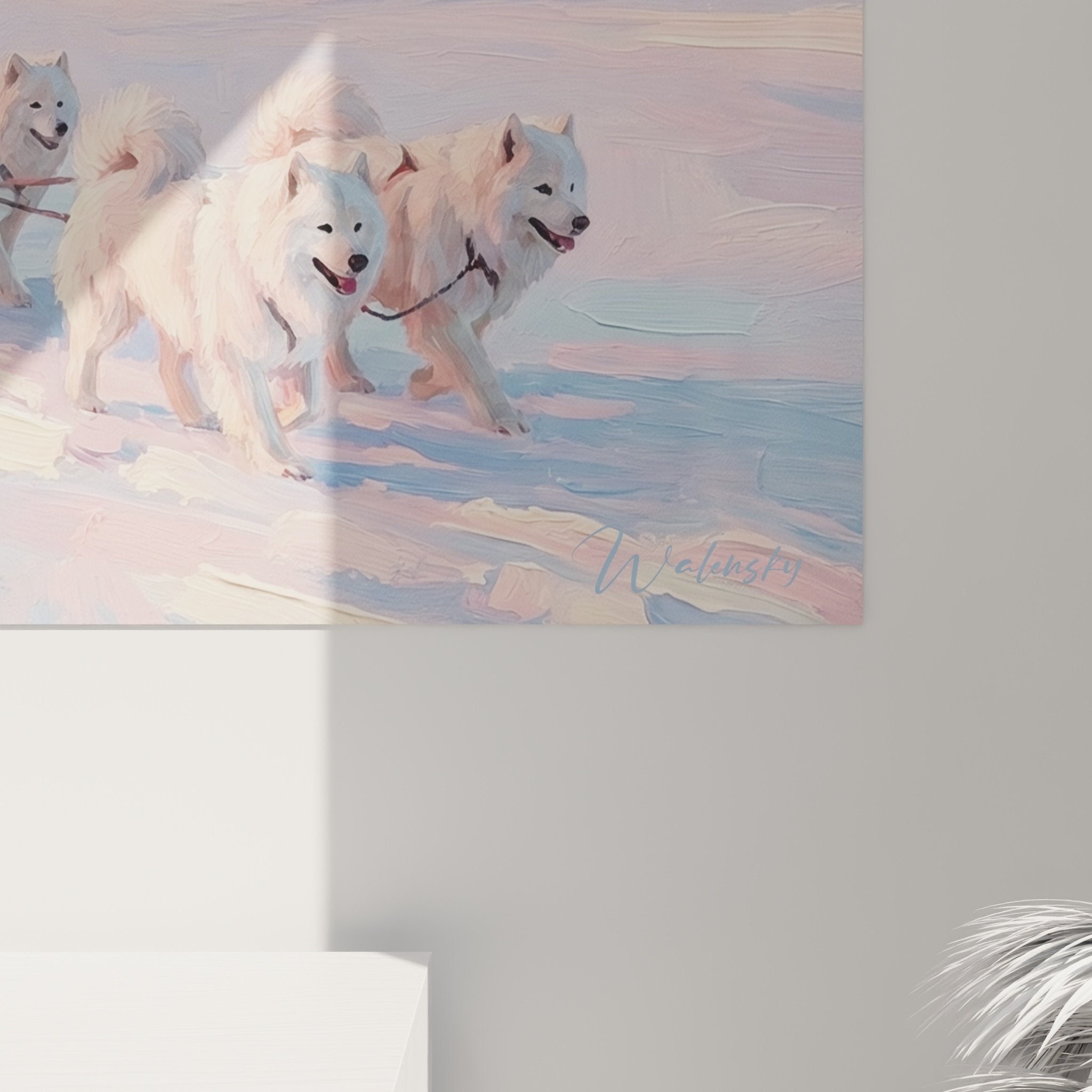 Vue ensemble tableau mural samoyede attelage polaire decoration interieur scandinave