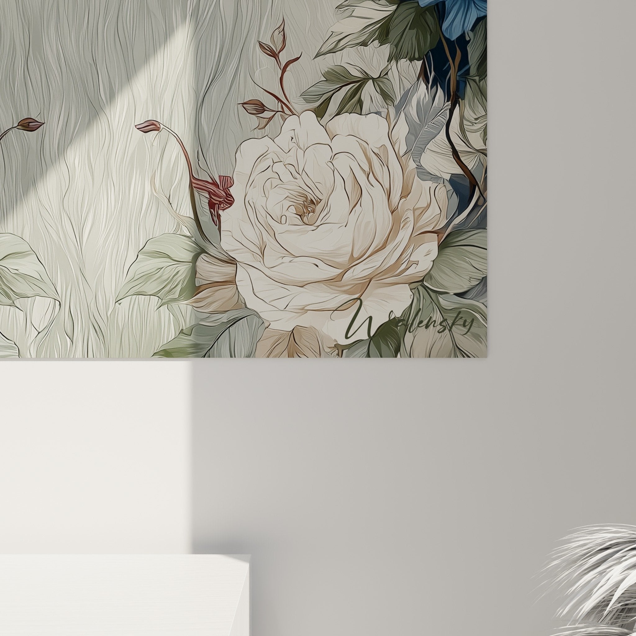 Vue ensemble tableau mural Spitz Japonais blanc roses bleues decoration interieur raffinee