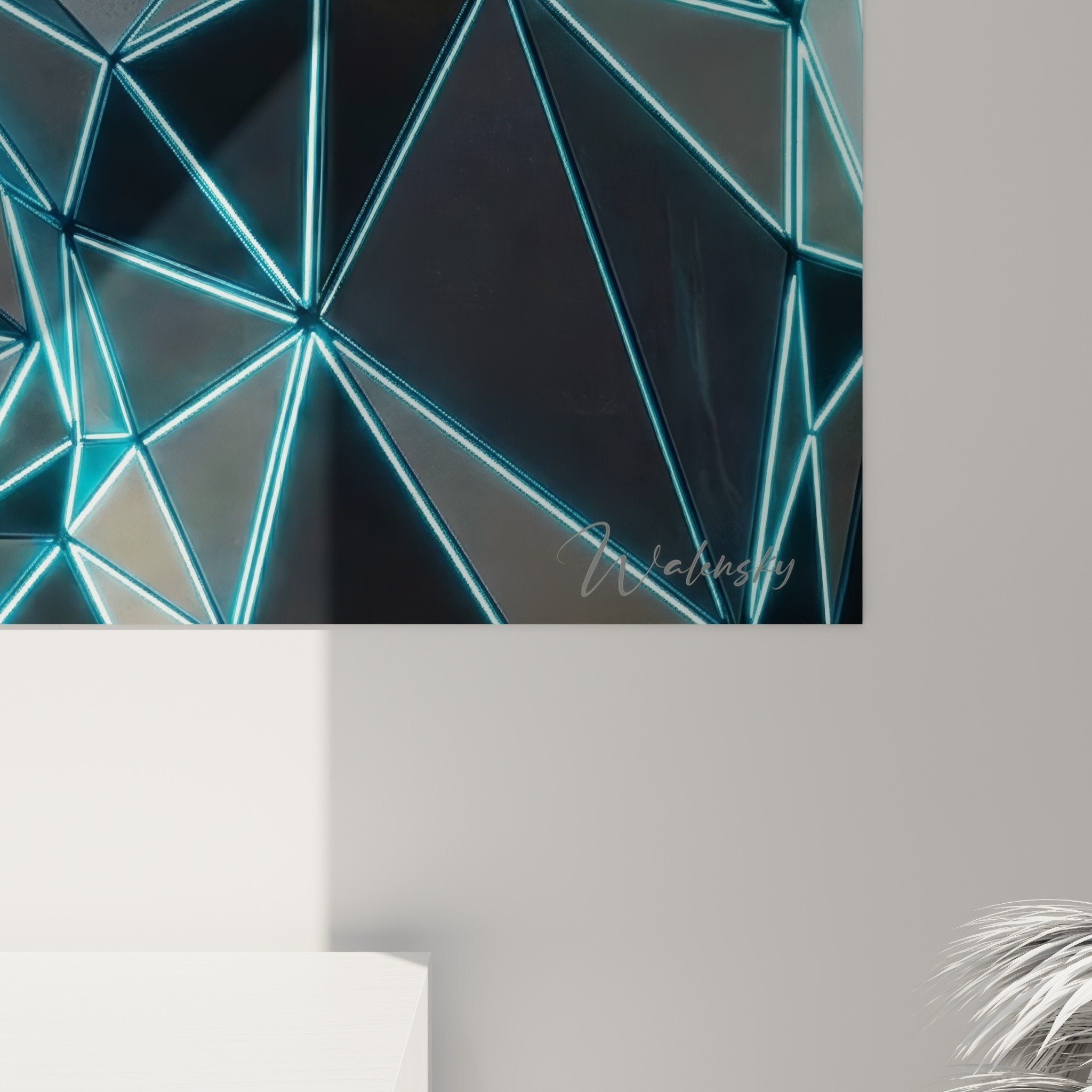 Vue ensemble tableau mural street art neon visage stylise facettes colorees decoration moderne
