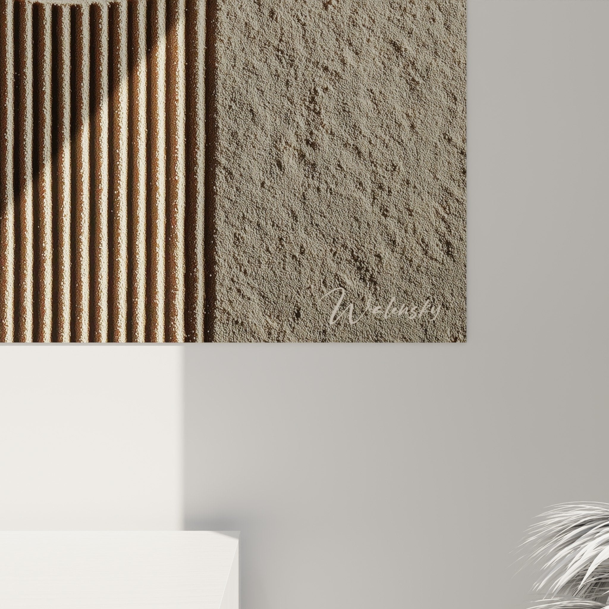 vue perspective tableau zen mural cercles sable beige décoration minérale relief