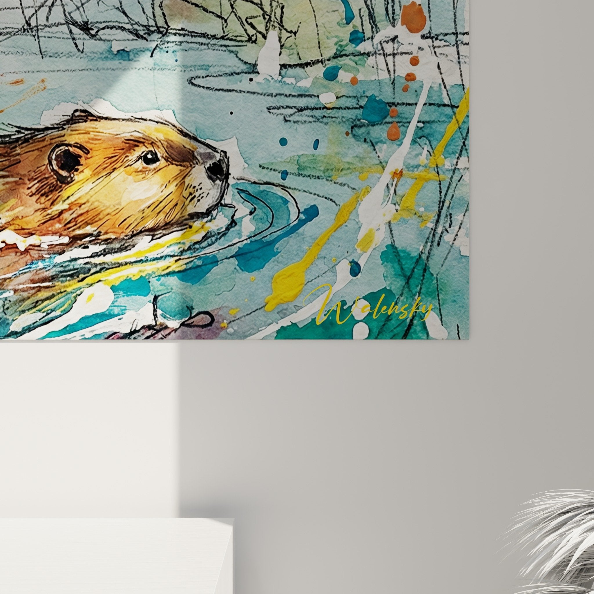 Gesamtansicht Natur-Kunstdruck Wassertiere Biber Eisvogel Wanddekoration Blau Orange Spritzer