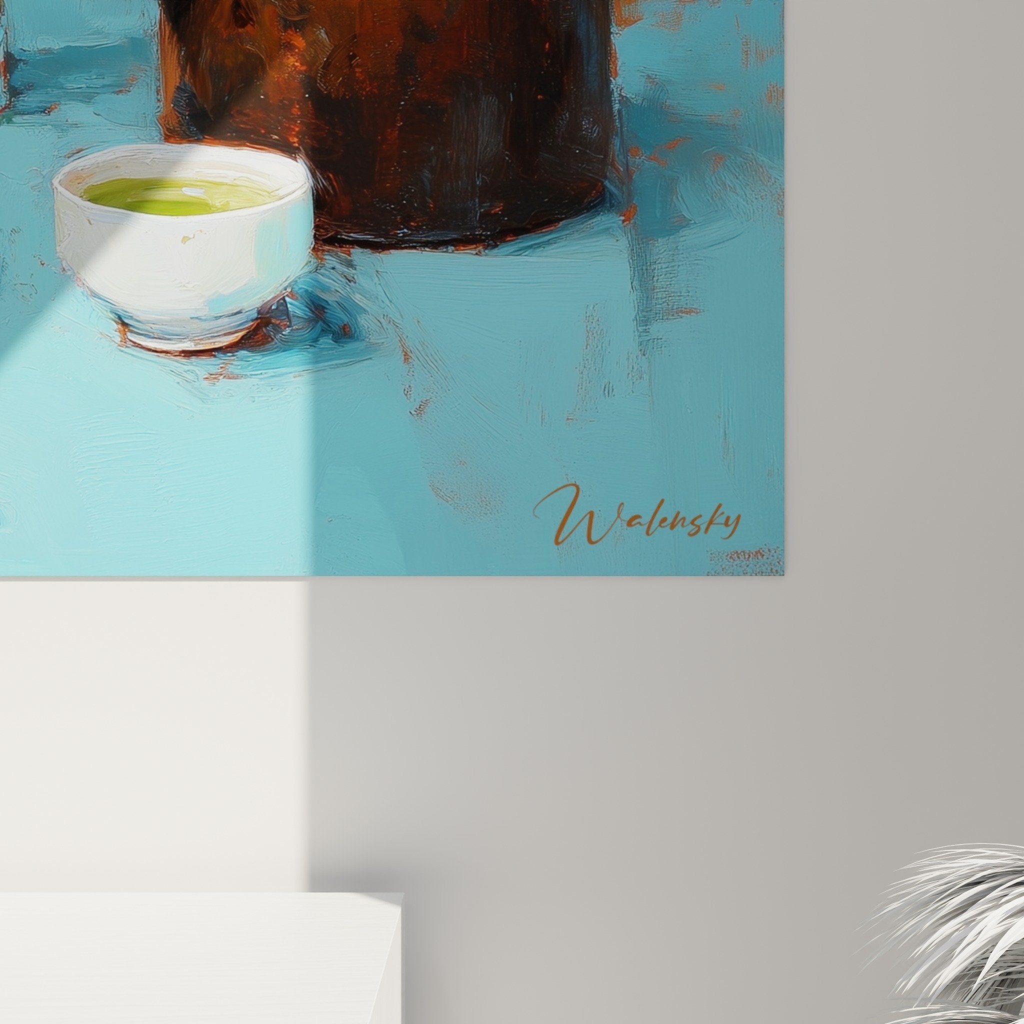 Vue ensemble tableau nature morte theiere japonaise fleurs blanches decoration murale style zen turquoise