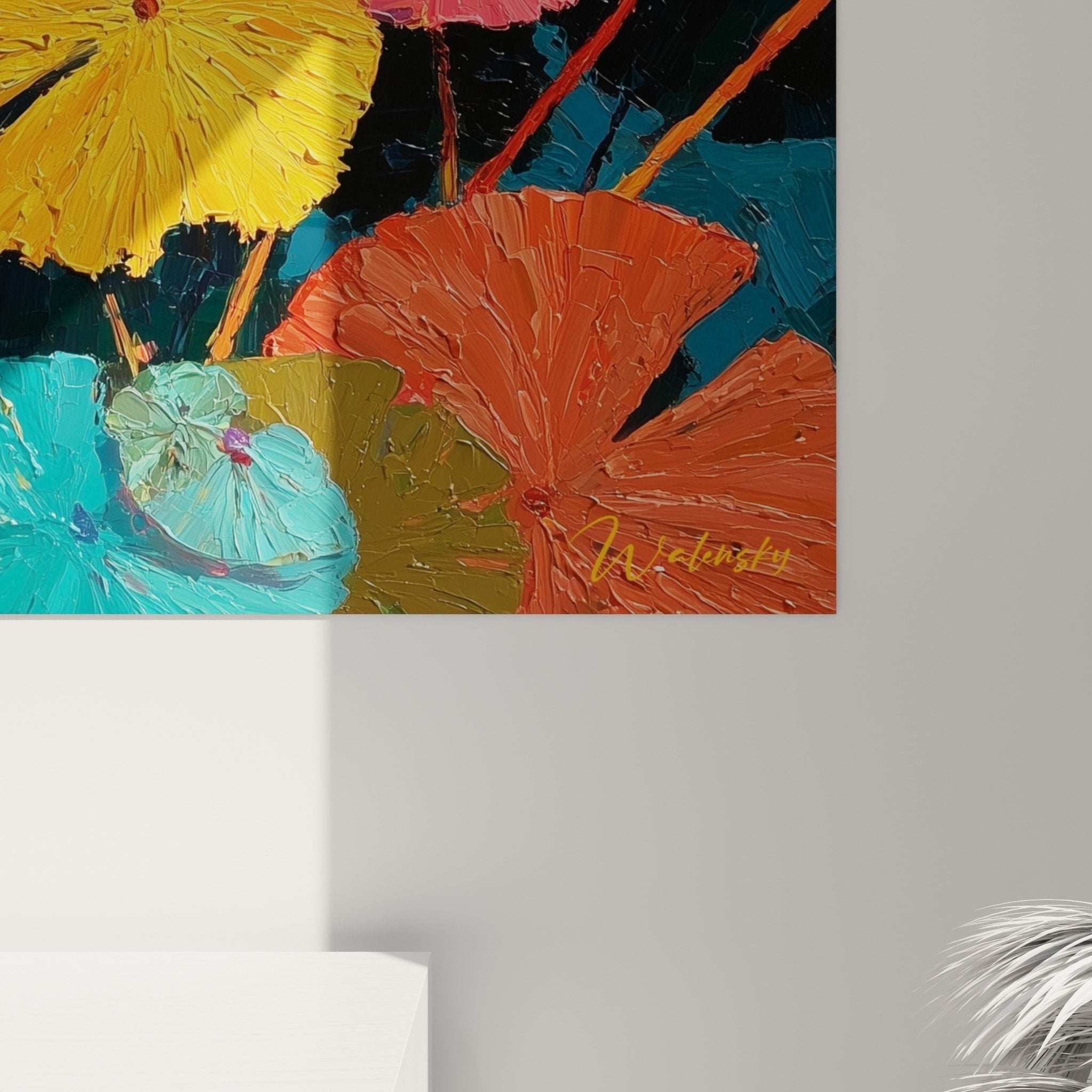 Vue ensemble tableau nenuphar multicolore bassin aquatique fleurs colorees