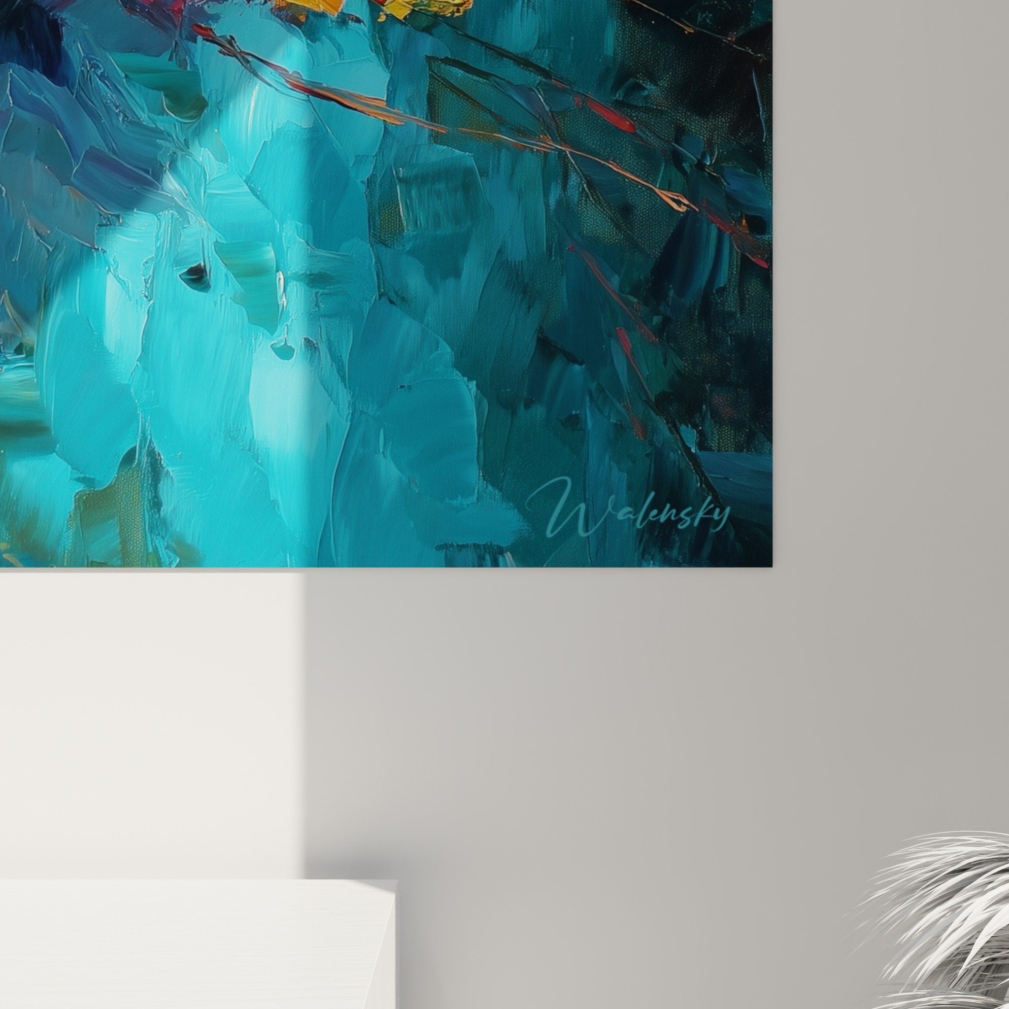 Vue ensemble tableau nenuphar fleurs blanches feuilles vertes eau turquoise style impressionniste