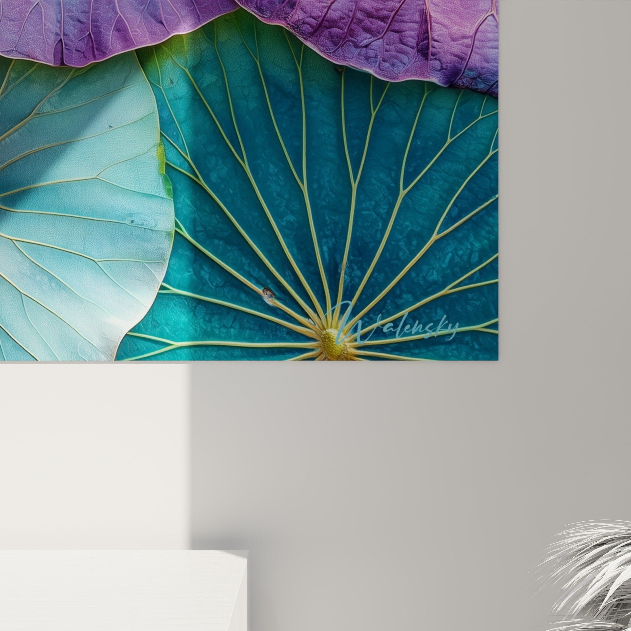 Vue ensemble tableau nenuphar feuilles lotus superposees palette chromatique turquoise orange violet