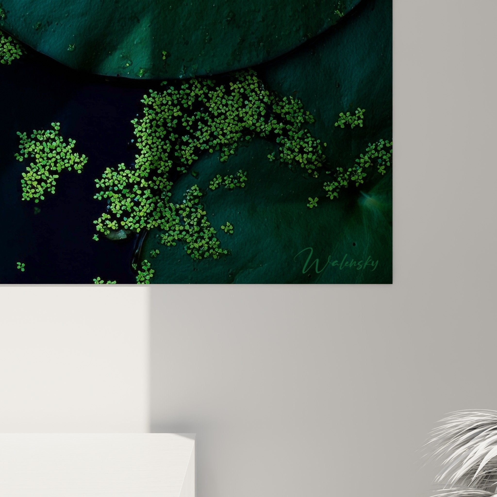 Vue ensemble tableau nénuphar rose sur mur blanc, décoration florale élégante style contemporain