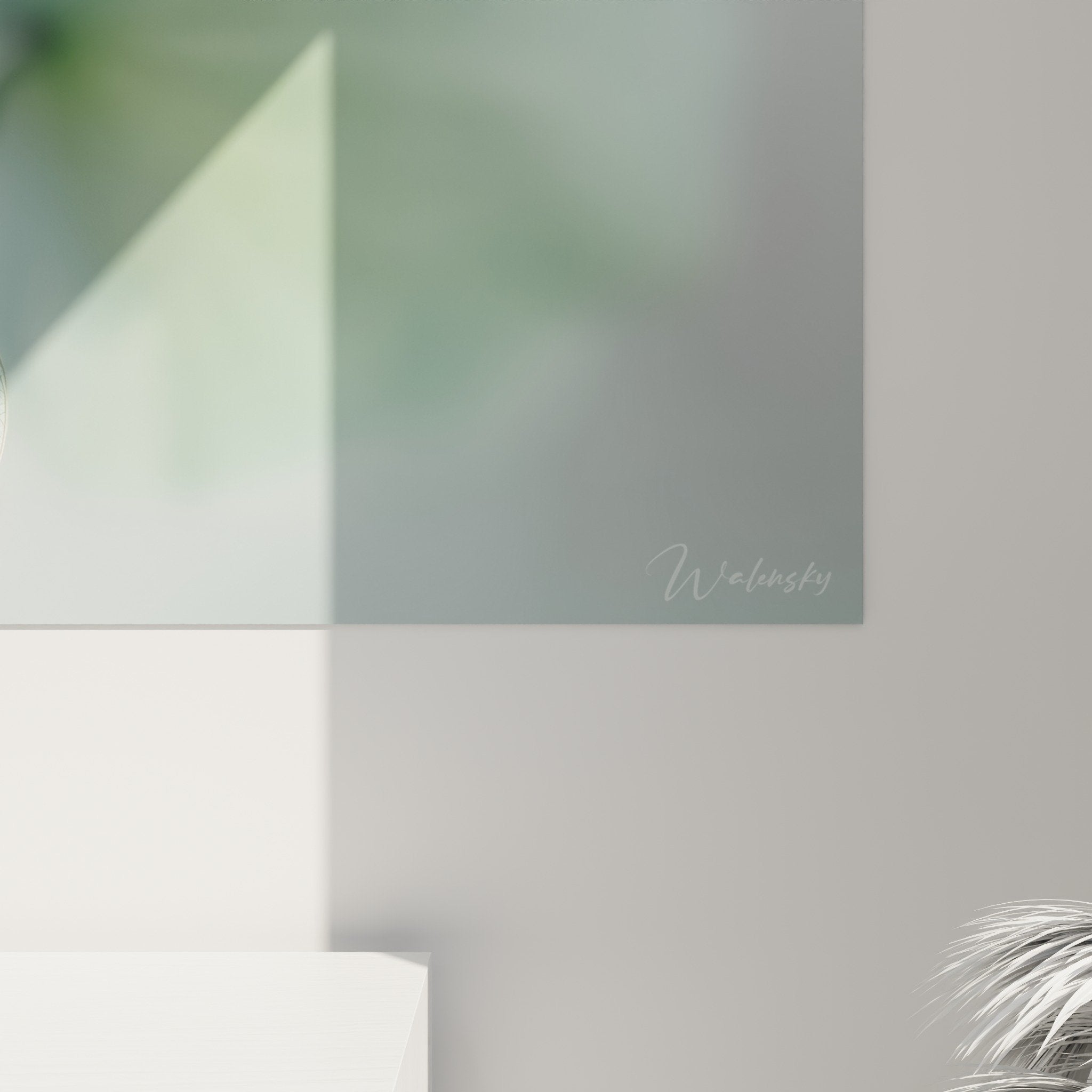 Vue ensemble tableau nenuphar feuilles translucides vert tendre salon moderne decoration murale