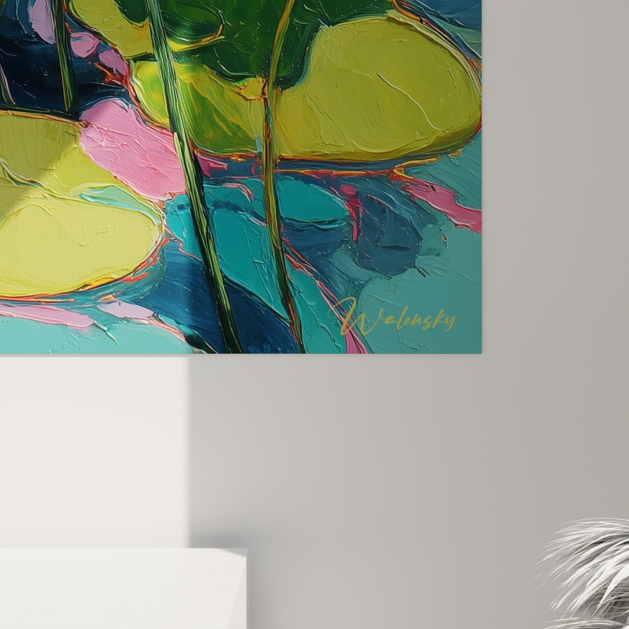 vue ensemble tableau nenuphars composition florale aquatique tons turquoise dores
