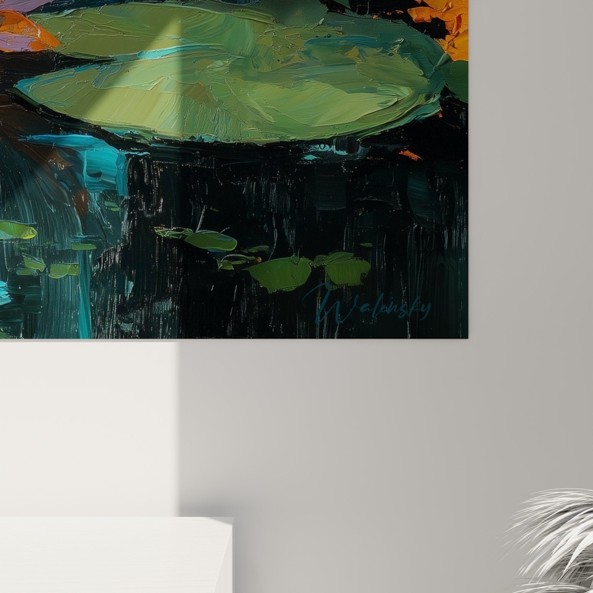 Vue ensemble tableau nénuphars bassin bleu décoration intérieur moderne