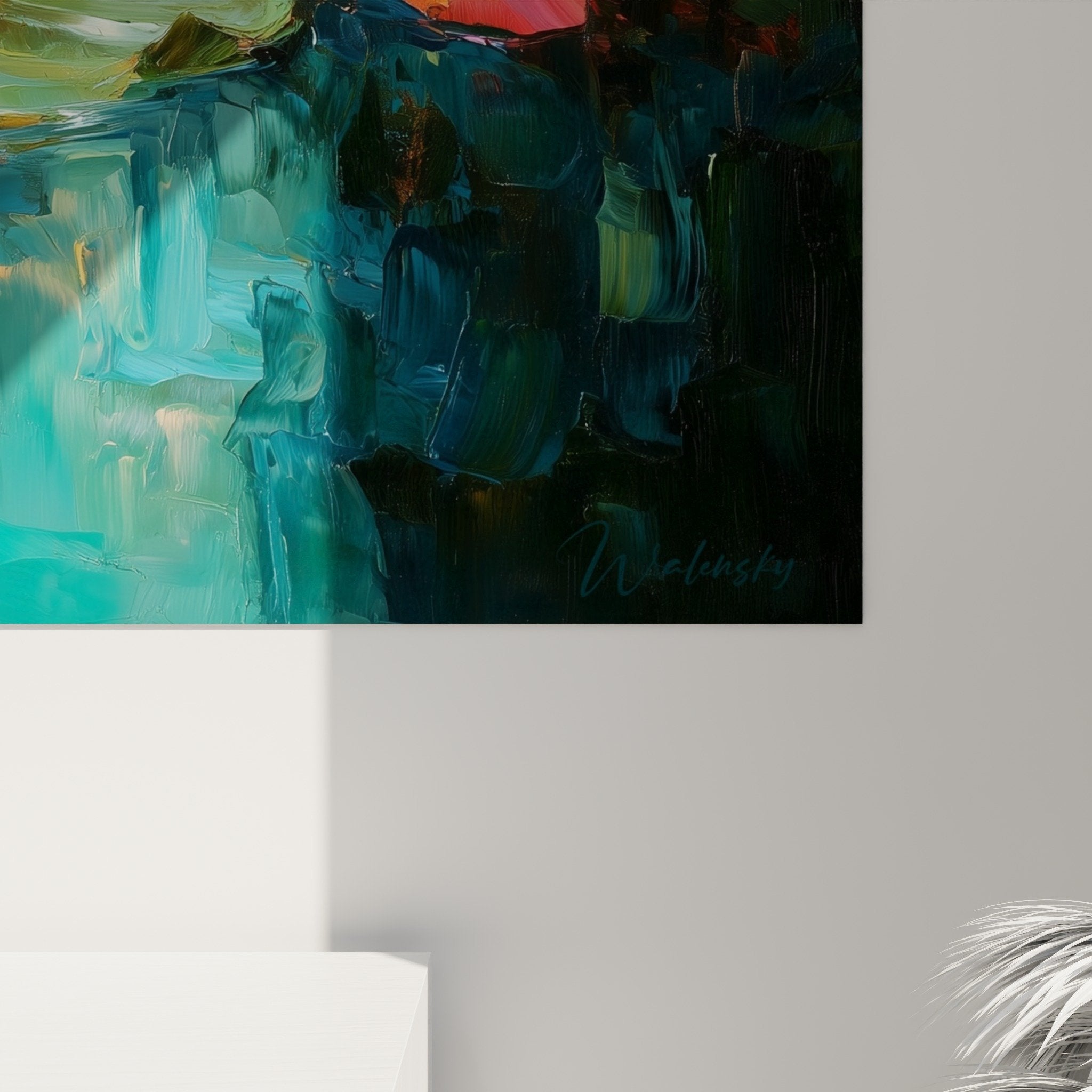 Vue ensemble tableau nénuphars eau turquoise reflets oranges composition florale aquatique impressionniste