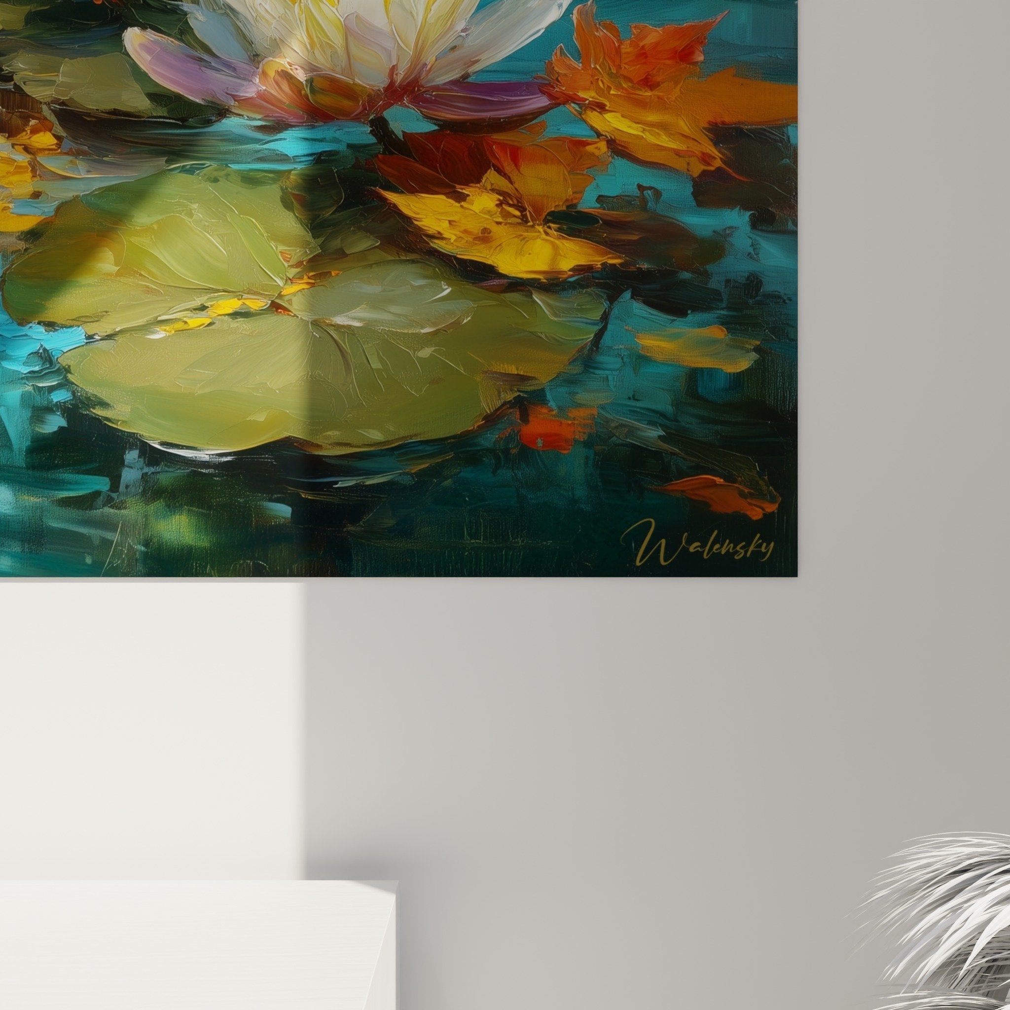 vue ensemble tableau nenuphars eau turquoise salon lumineux decoration murale art aquatique